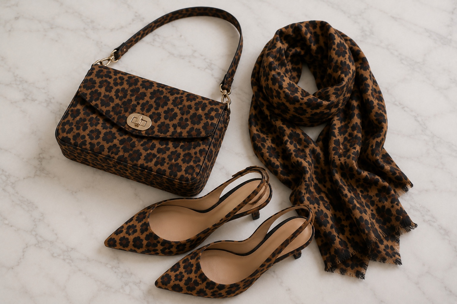 Bolsa, sapato e lenço animal print sobre mármore