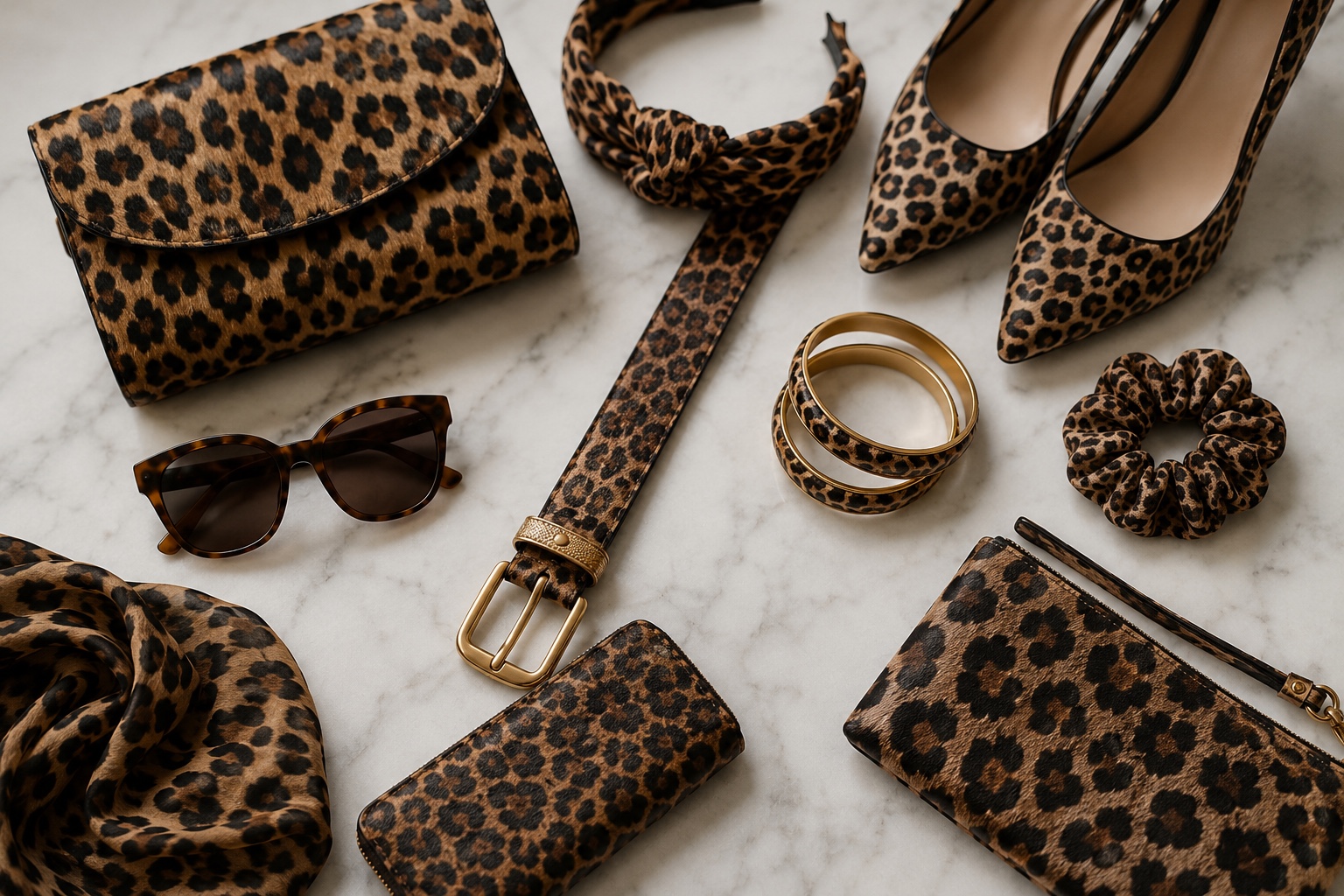 Peças animal print variadas sobre mármore, visão geral