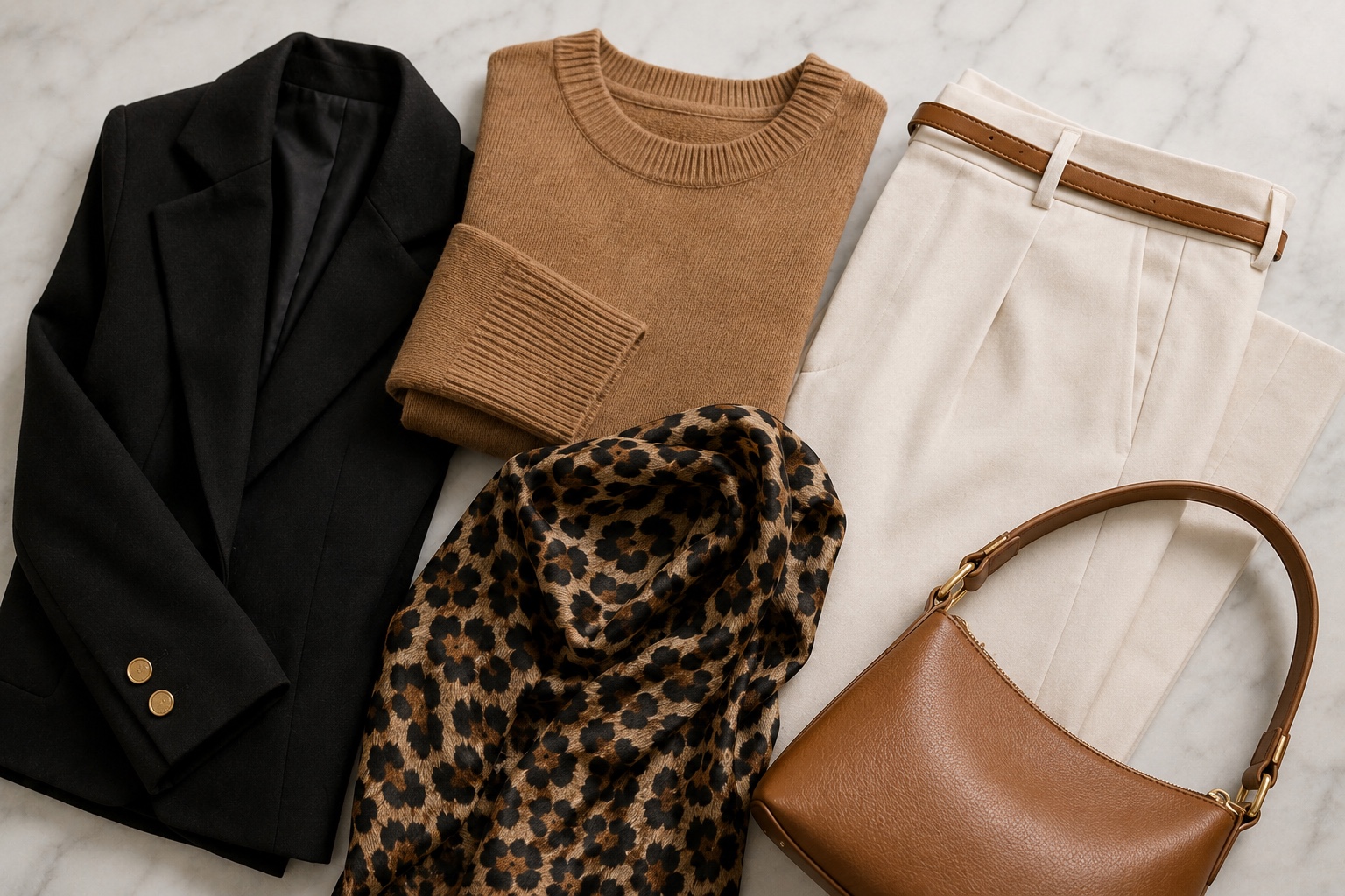 Animal print combinado com tons neutros sobre mármore
