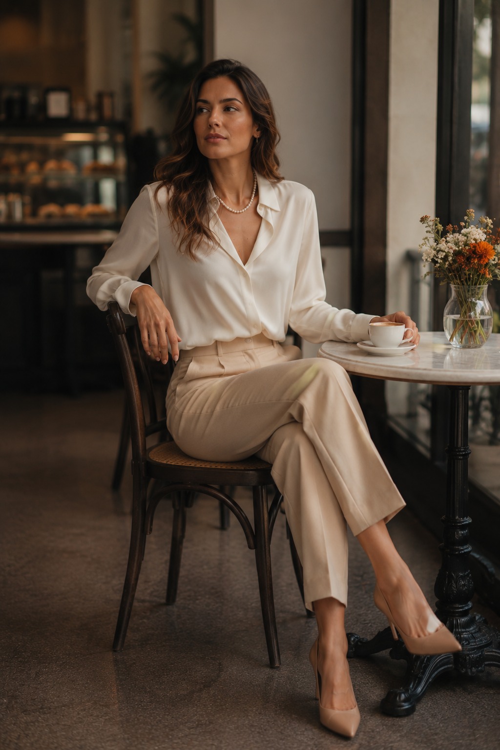 Look de elegância no cotidiano — café e trabalho