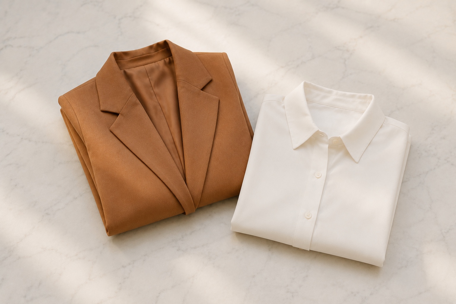 Blazer alfaiatado caramelo dobrado sobre mármore branco