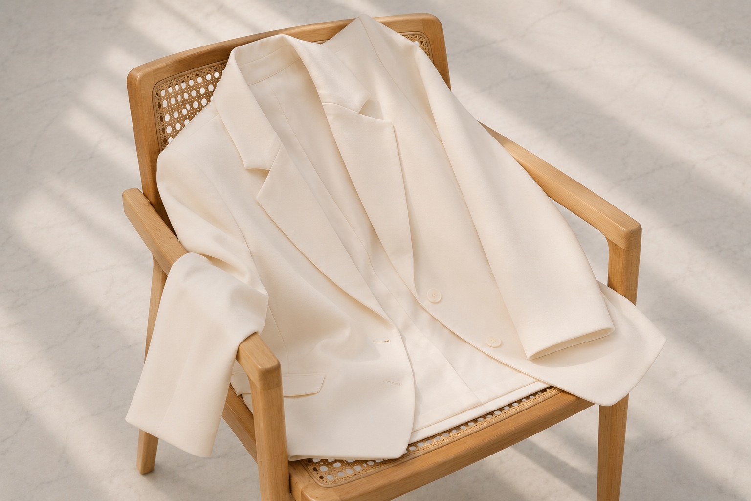 Blazer oversized off-white sobre cadeira de madeira clara
