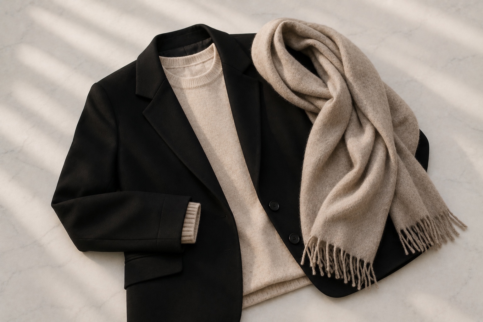 Blazer preto sobre tricô bege e cachecol de lã em camadas