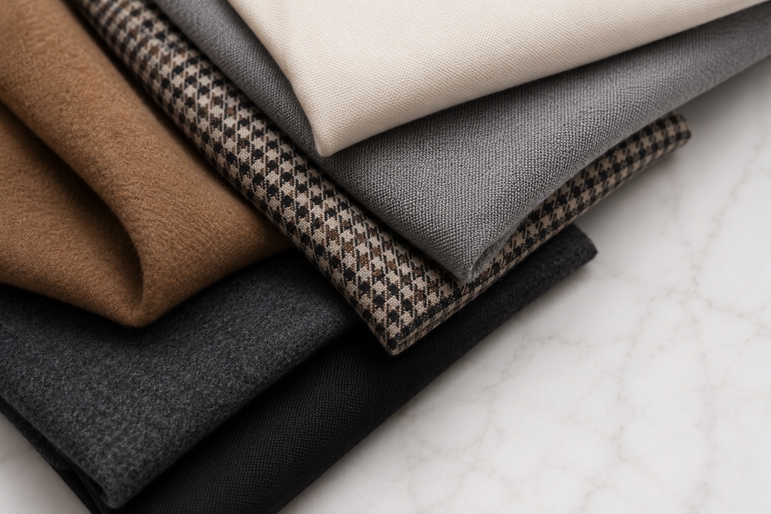 Tecidos de blazer em texturas e tons neutros sobre mármore