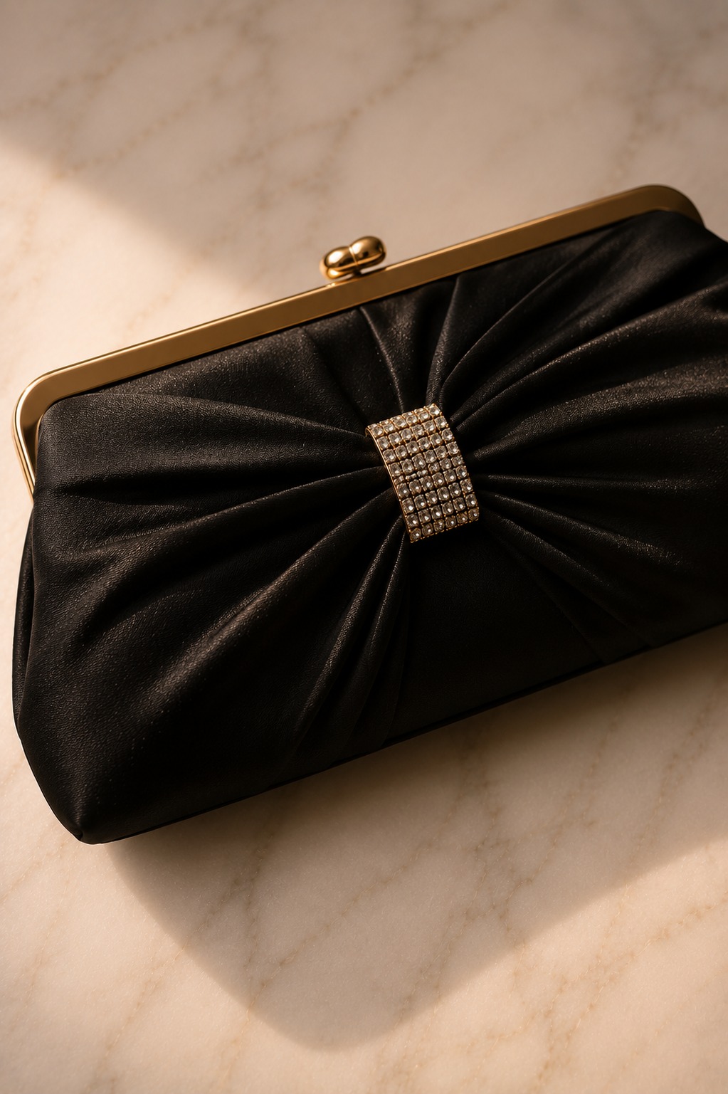 Clutch de cetim preta com detalhe dourado para eventos especiais