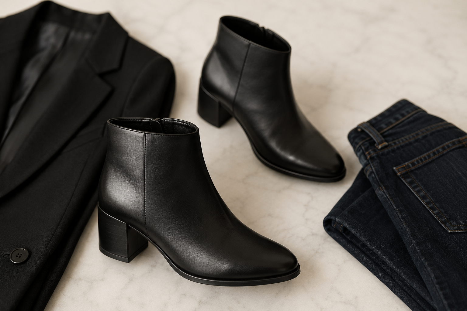 Ankle boot preta de couro com salto bloco sobre mármore branco com calça jeans e blazer