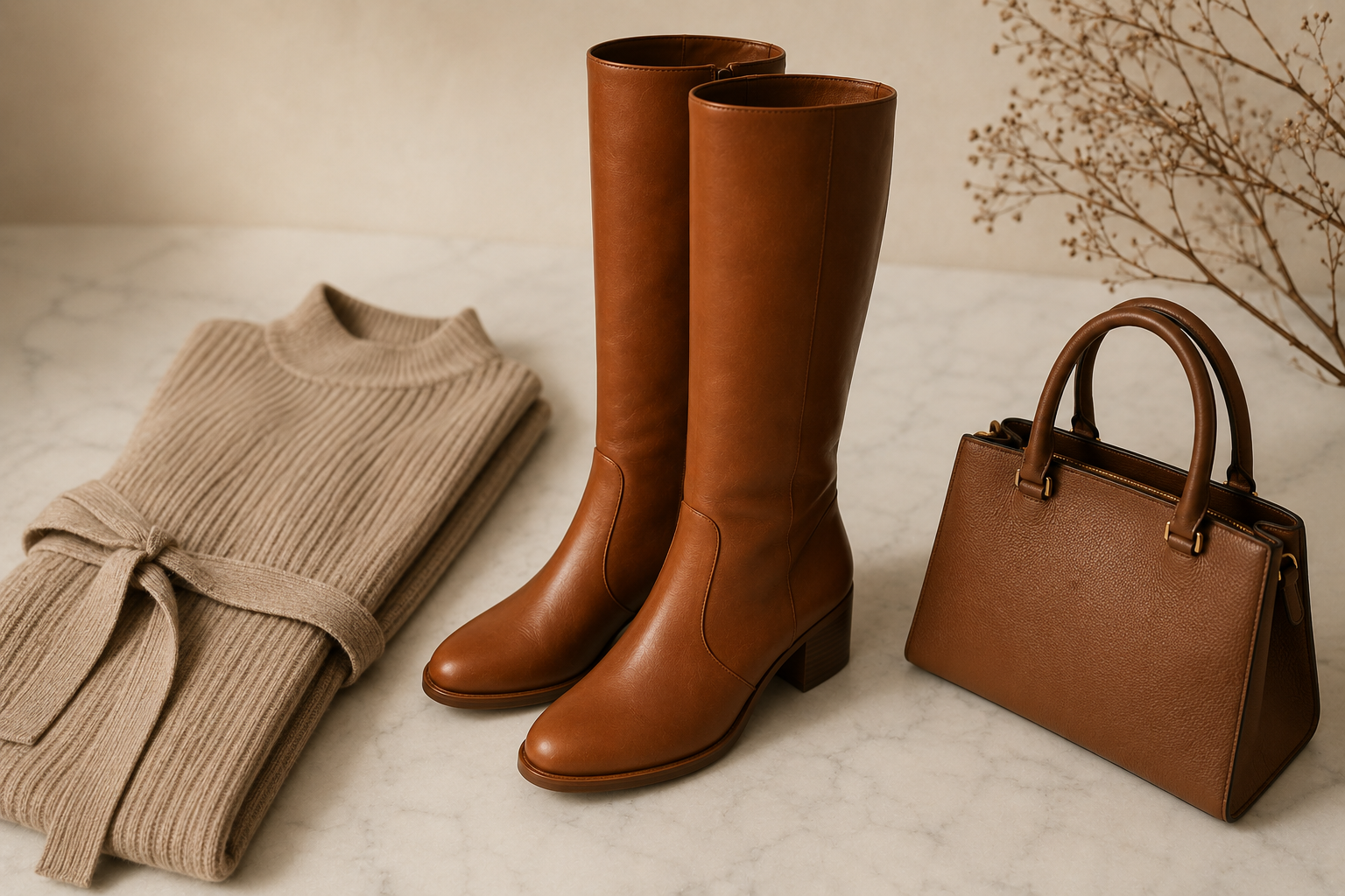 Bota cano alto caramelo em couro sobre mármore branco com vestido midi tricô bege