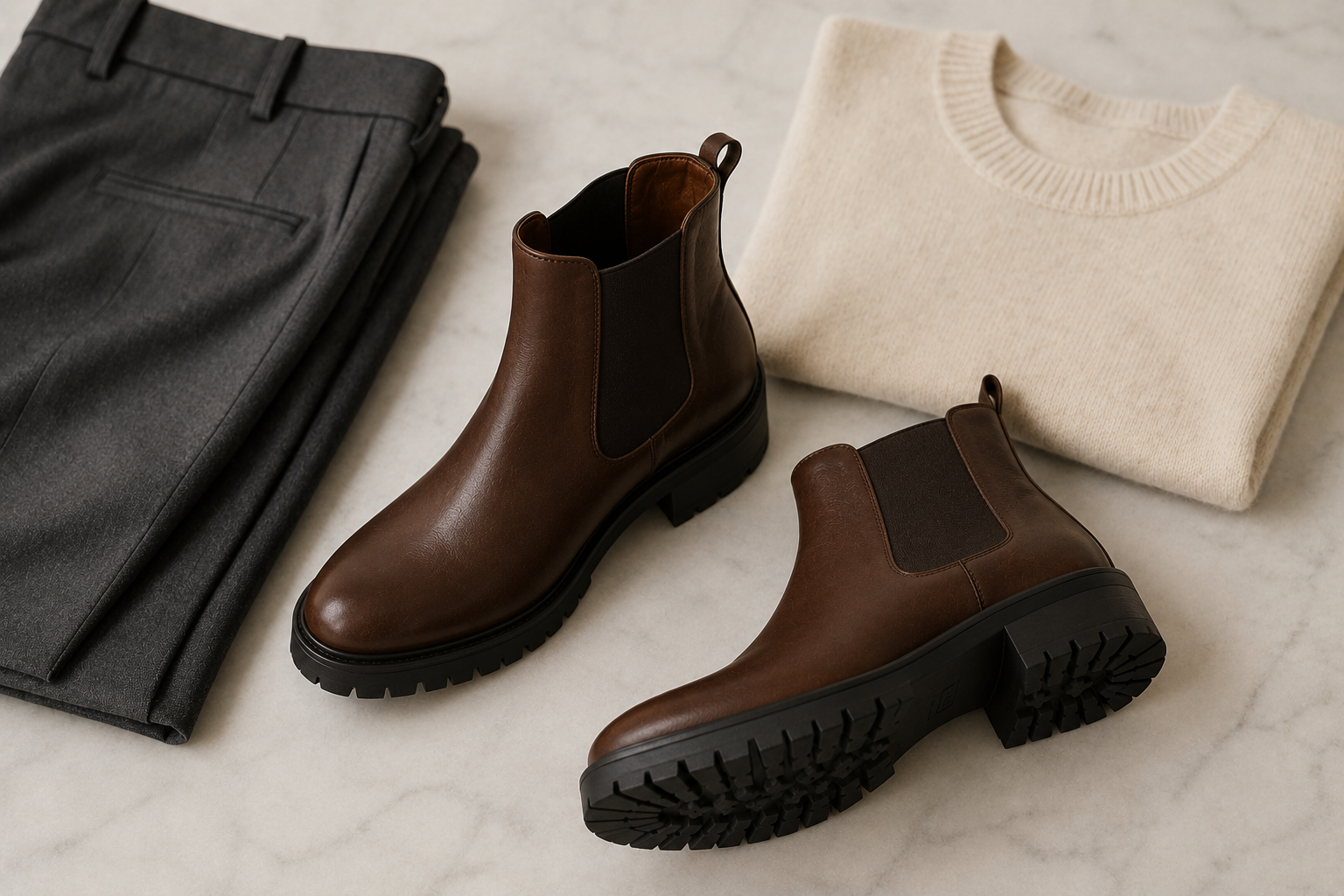 Bota Chelsea castanha com sola tratorada sobre mármore branco com calça de alfaiataria cinza