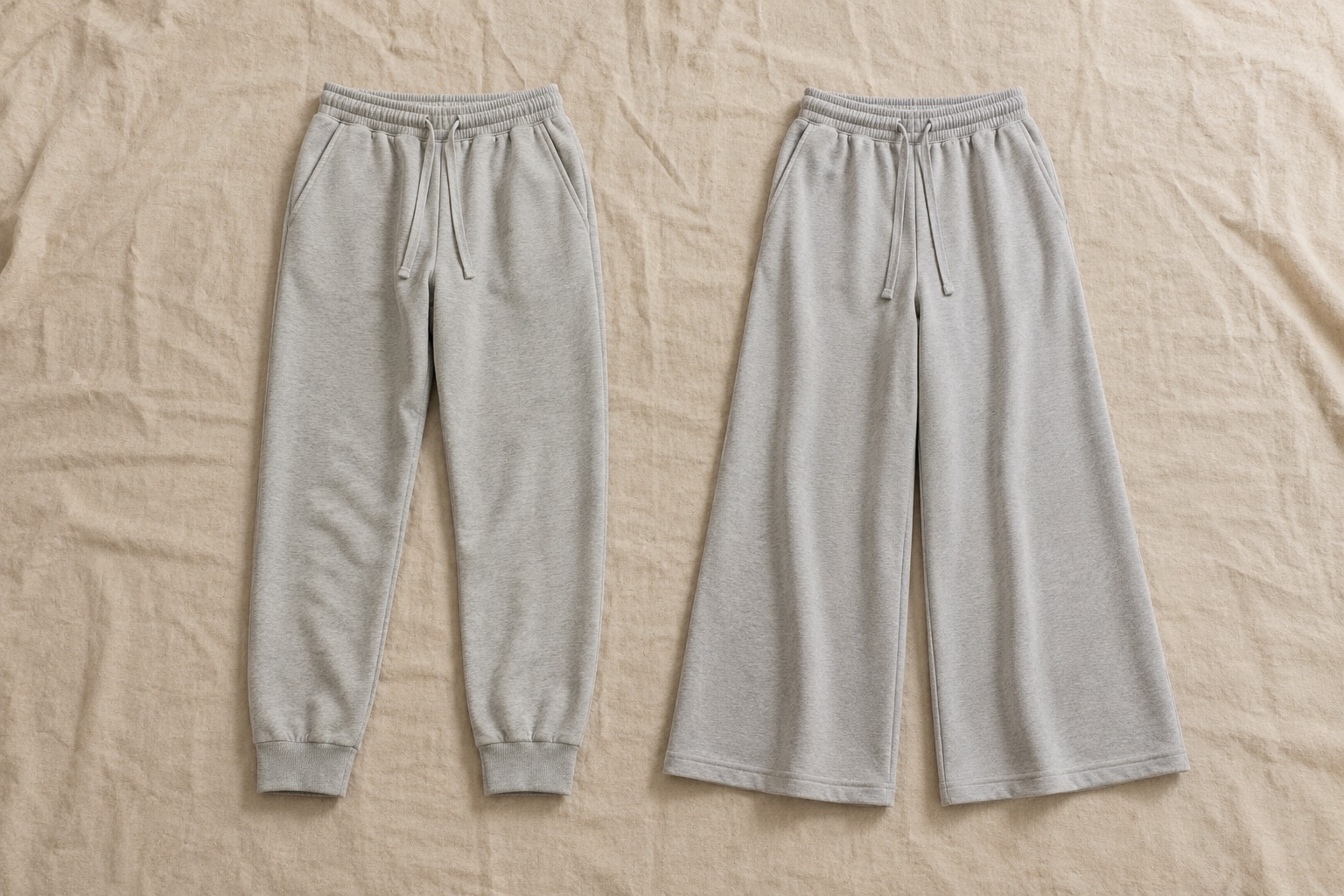 Flat lay com calça de moletom wide leg e jogger lado a lado mostrando a diferença de corte