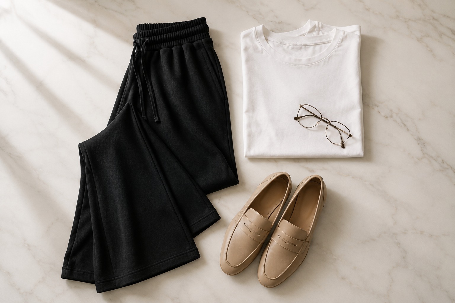 Flat lay de look home office com calça de moletom wide leg preta, blusa branca e mocassim bege