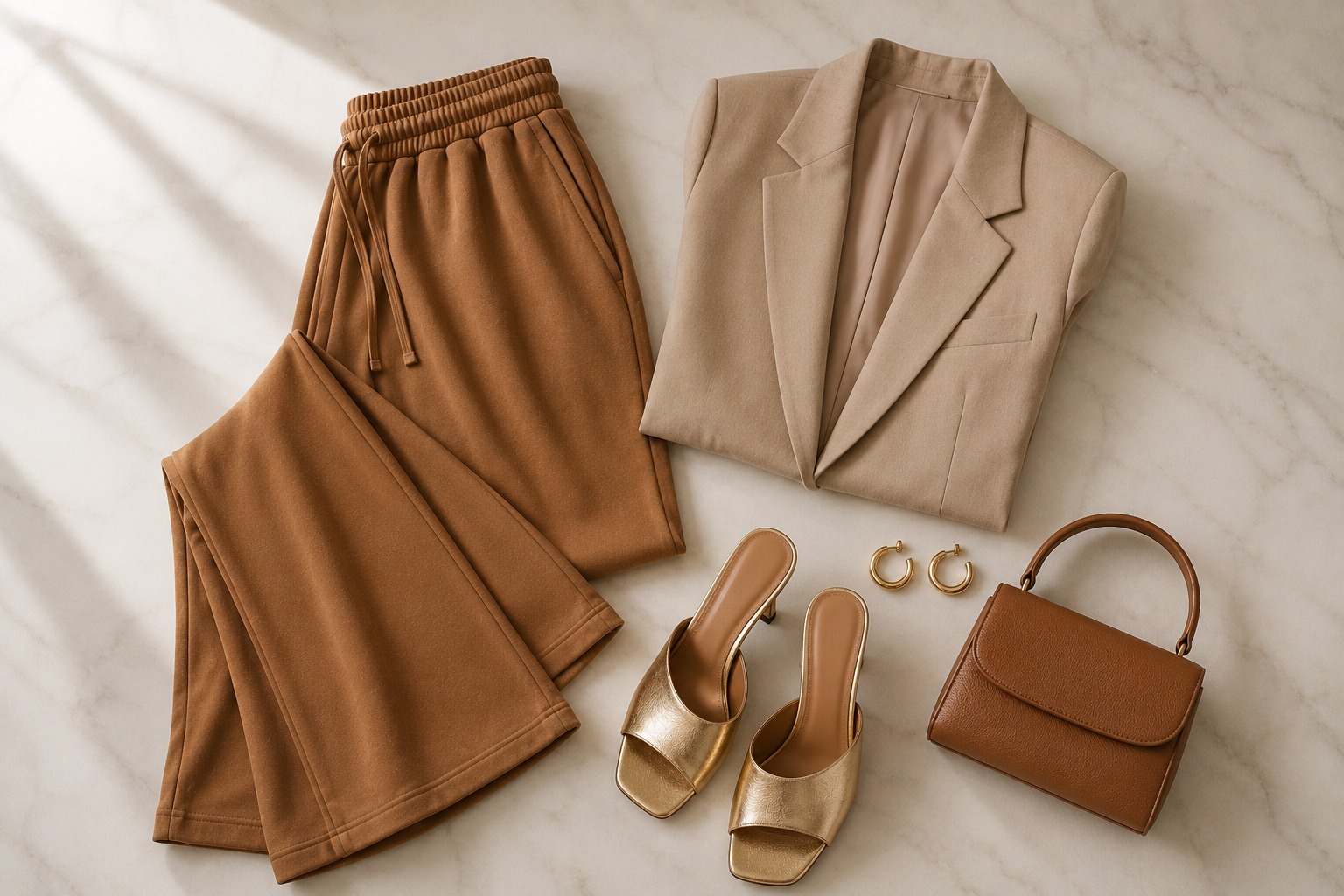 Flat lay de look noite casual com calça de moletom wide leg caramelo, blazer bege e sandália dourada
