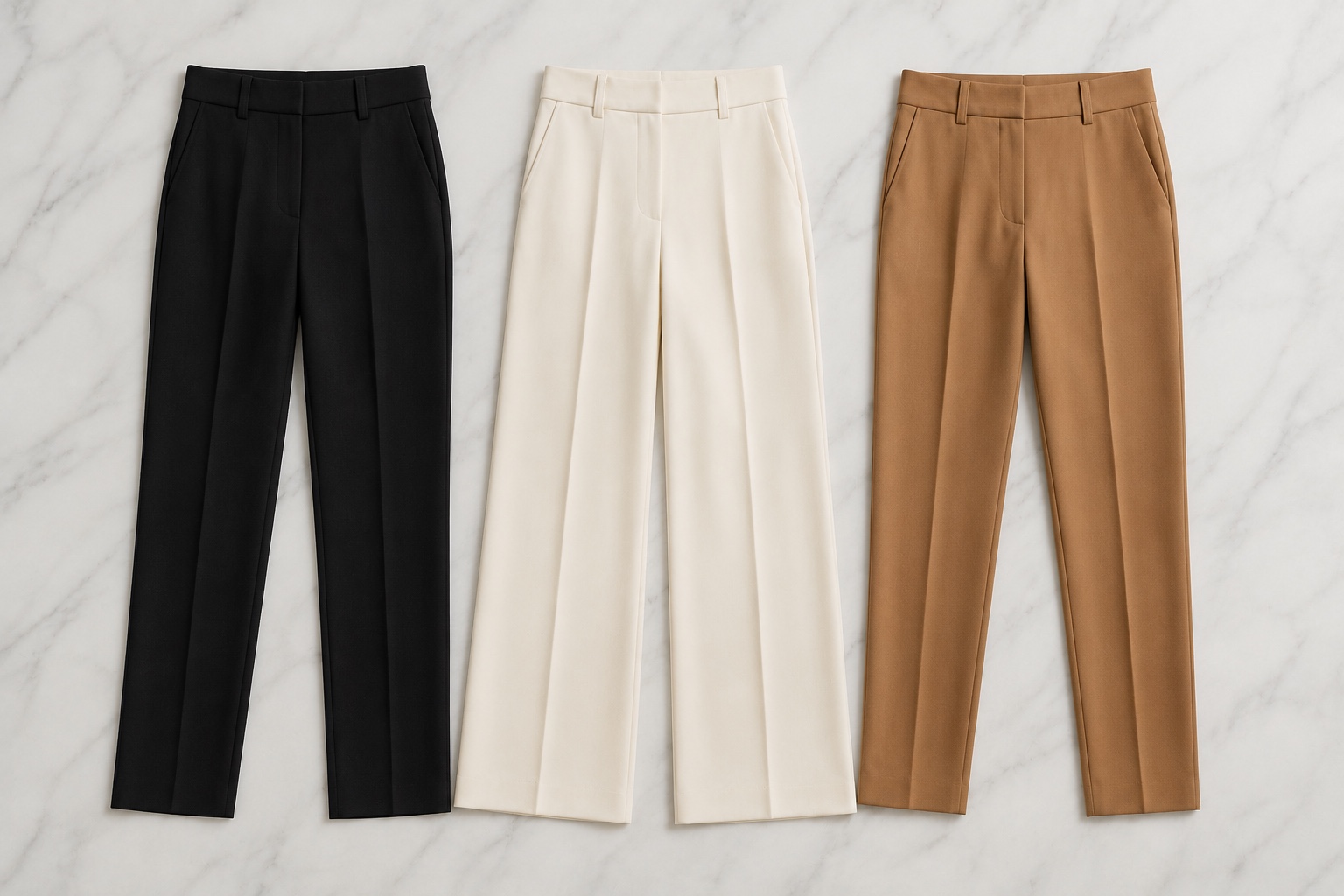 Três cortes de calça de alfaiataria reta, wide leg e cigarrete