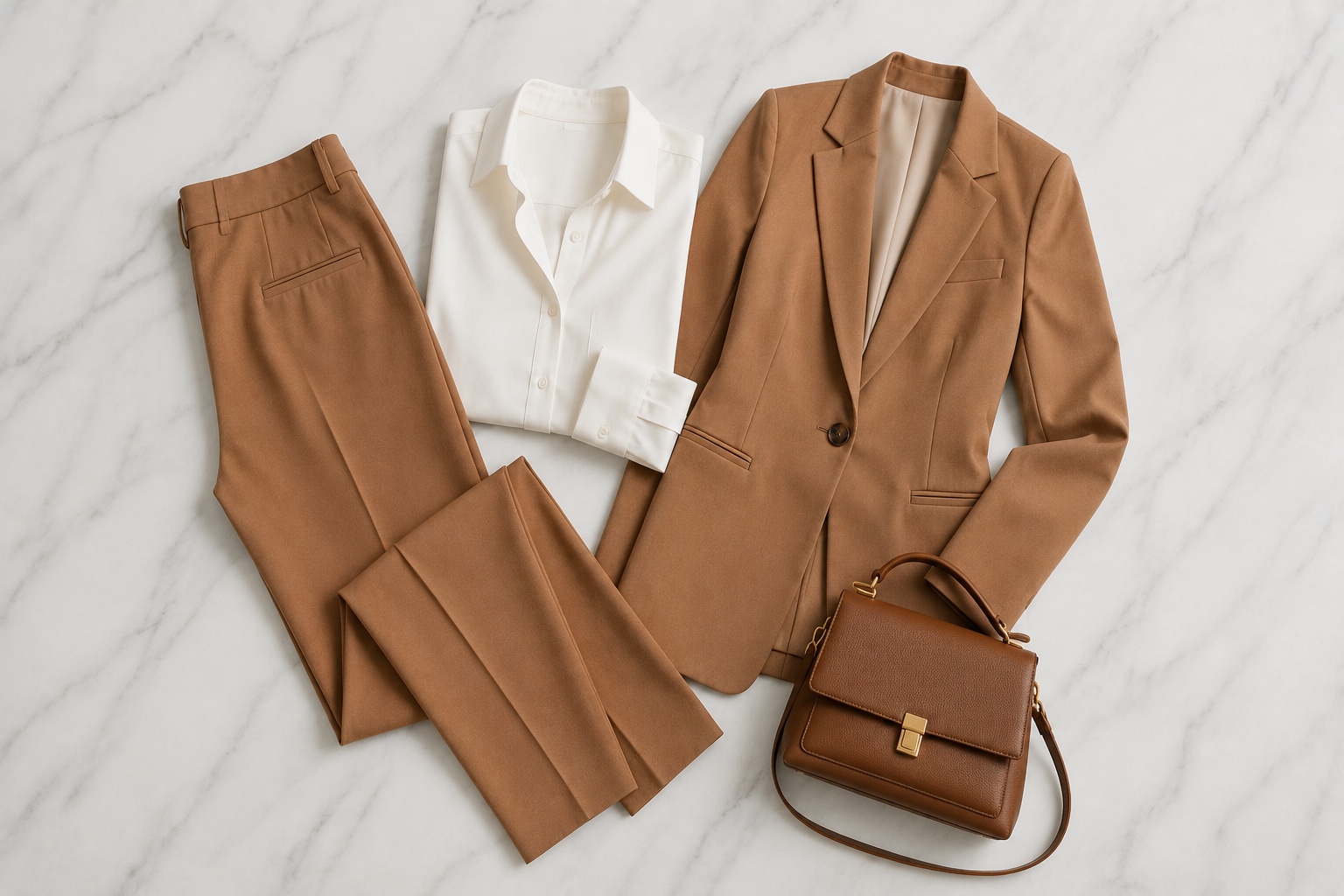 Calça de alfaiataria caramelo com camisa branca e blazer