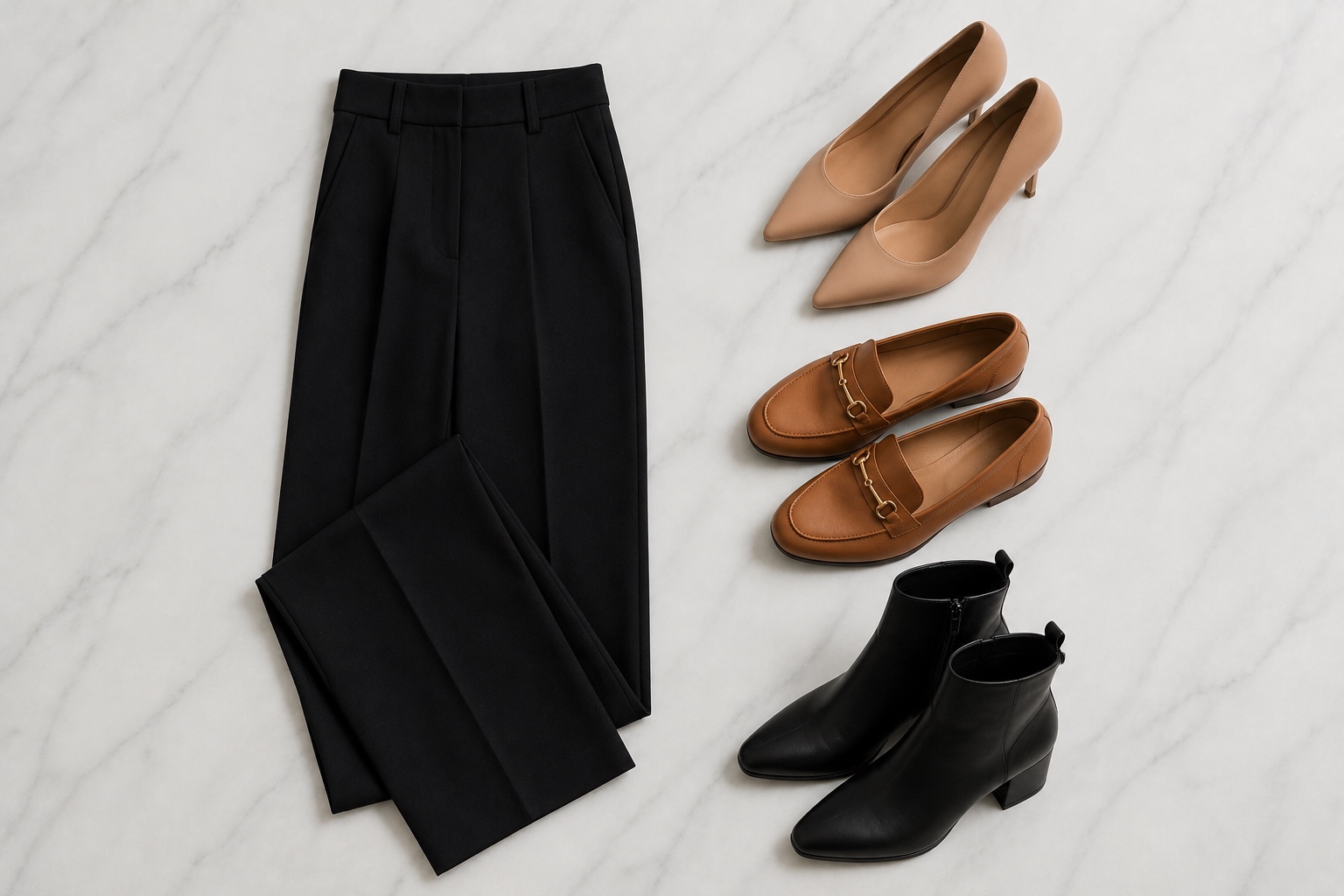 Calça de alfaiataria preta com scarpin, mocassim e bota
