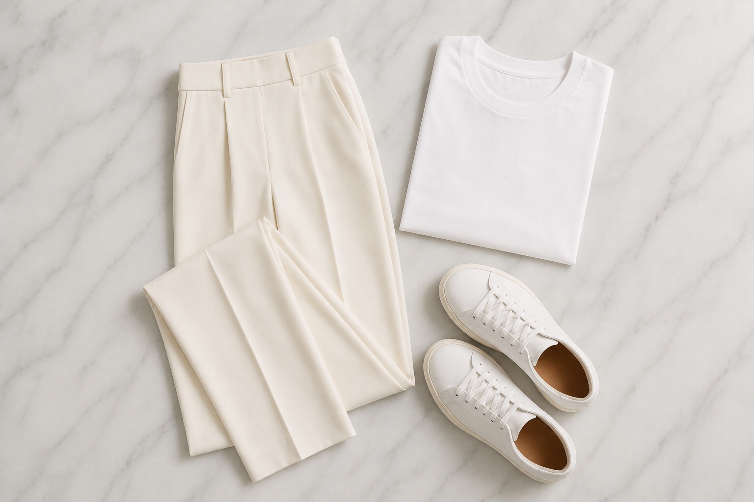 Calça de alfaiataria off-white com camiseta e tênis branco