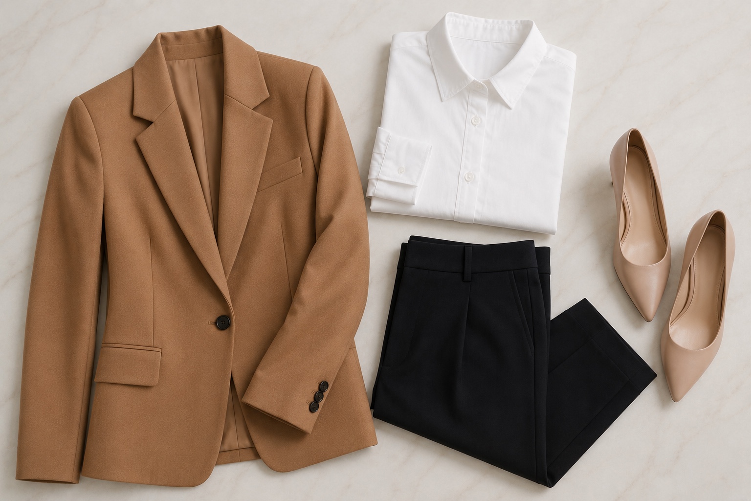 Camisa branca com calça de alfaiataria e blazer caramelo