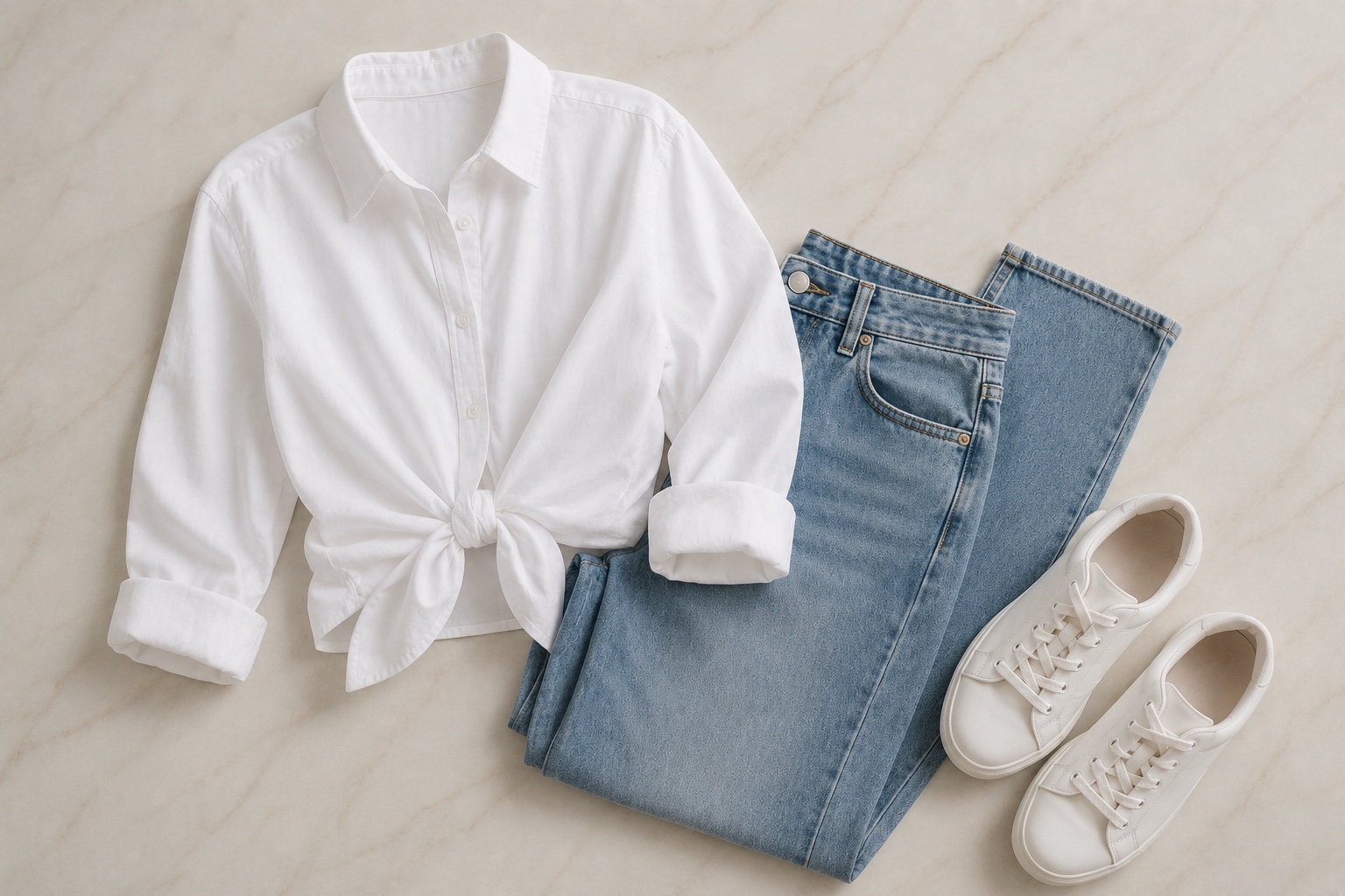 Camisa branca com nó frontal sobre jeans de cintura alta