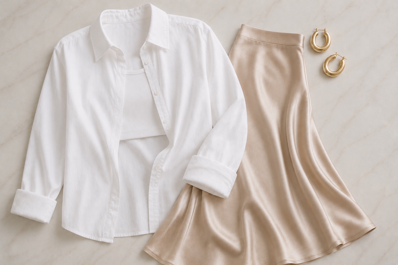 Camisa branca com saia midi acetinada e brincos dourados