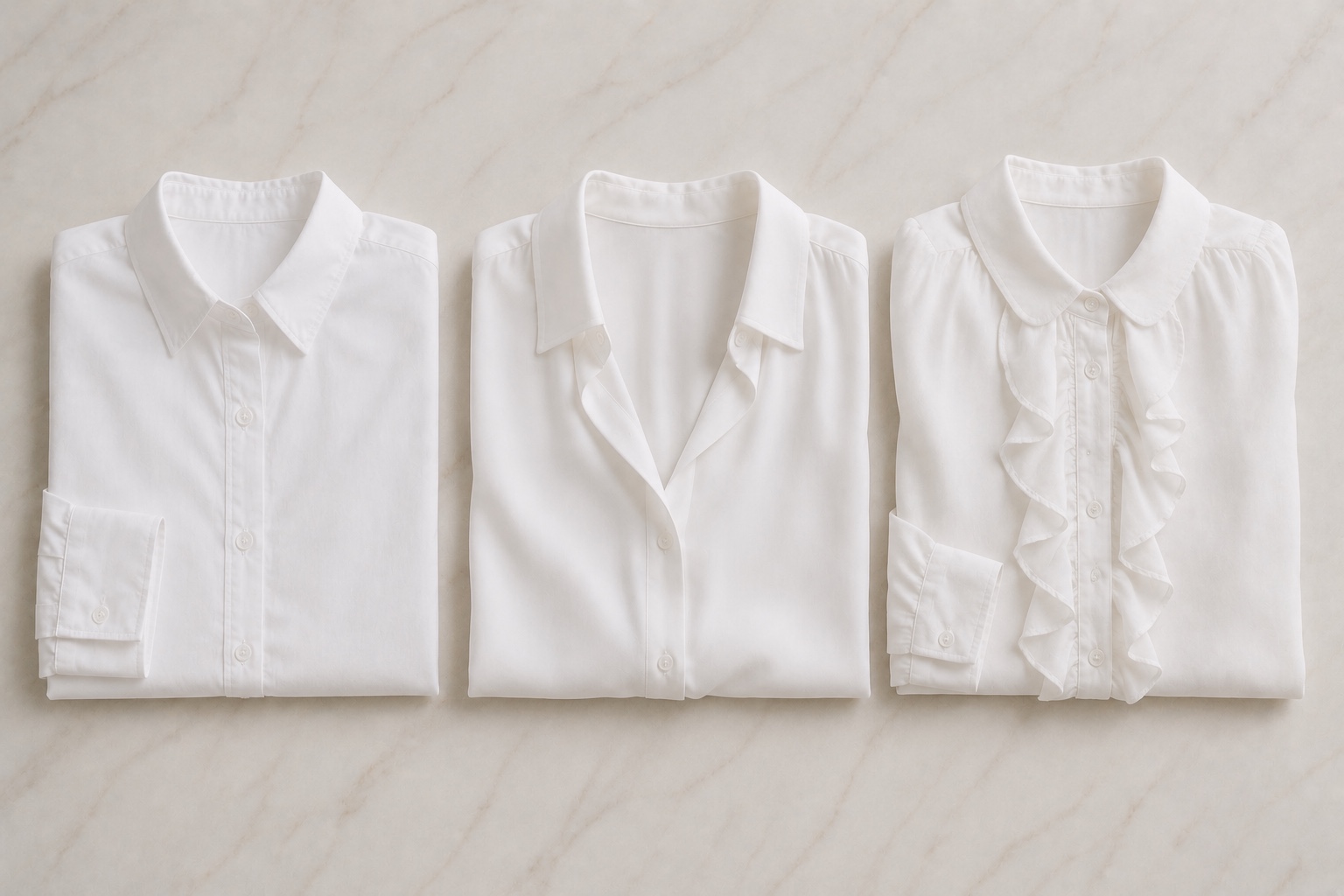 Três modelos de camisa branca lado a lado sobre mármore