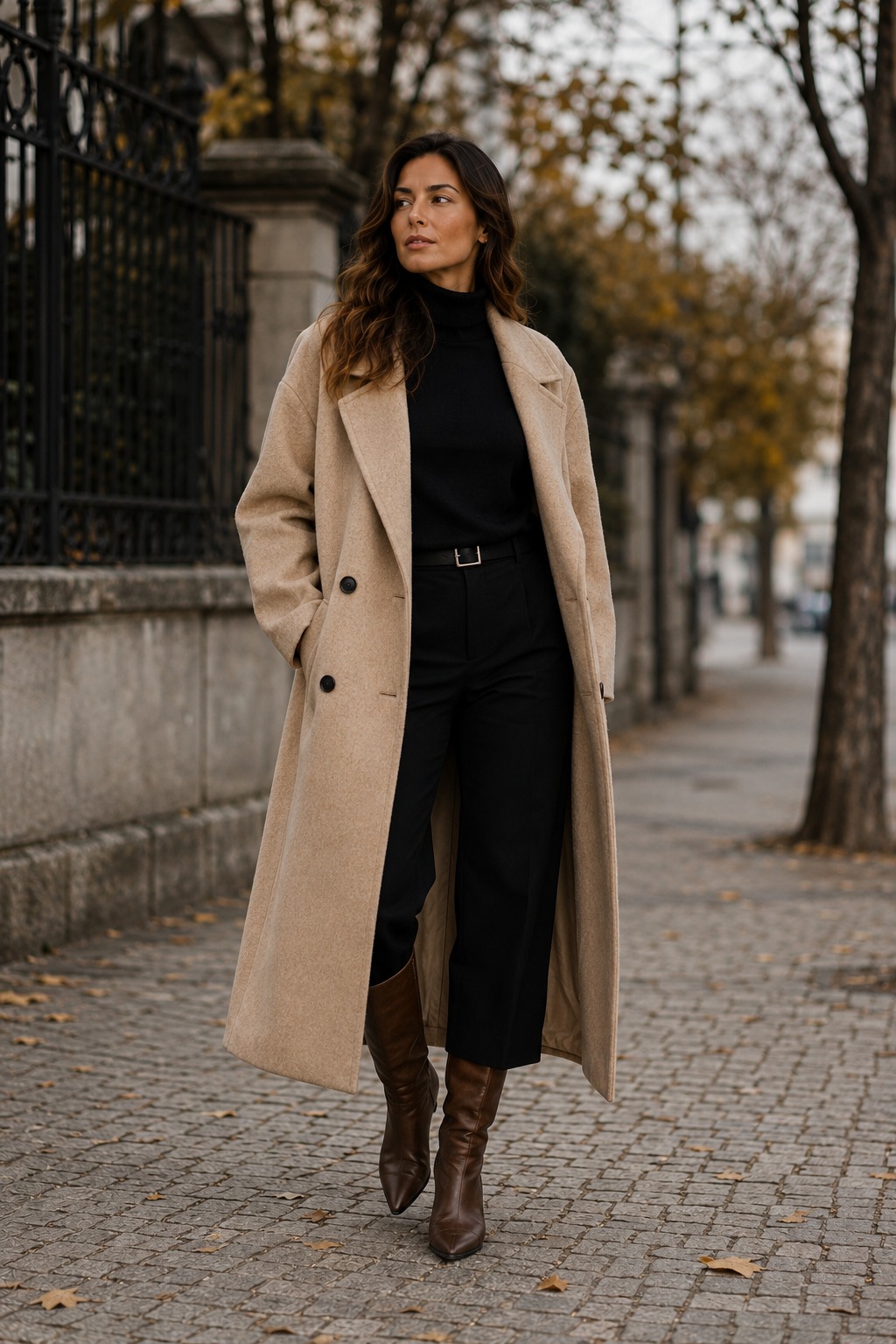 Look completo com casaco longo bege oversized — inverno