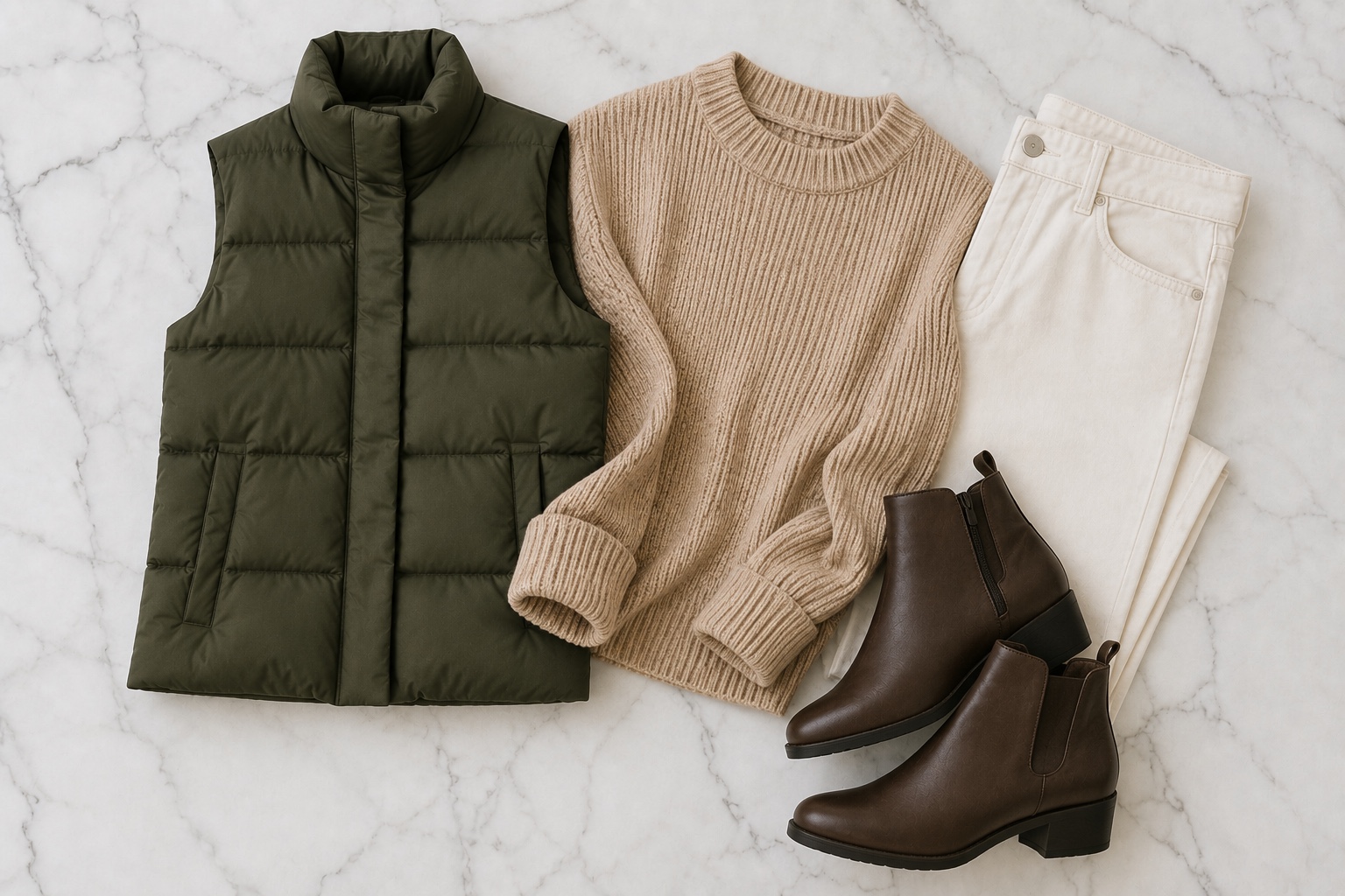 Colete acolchoado verde-militar com tricô e botas