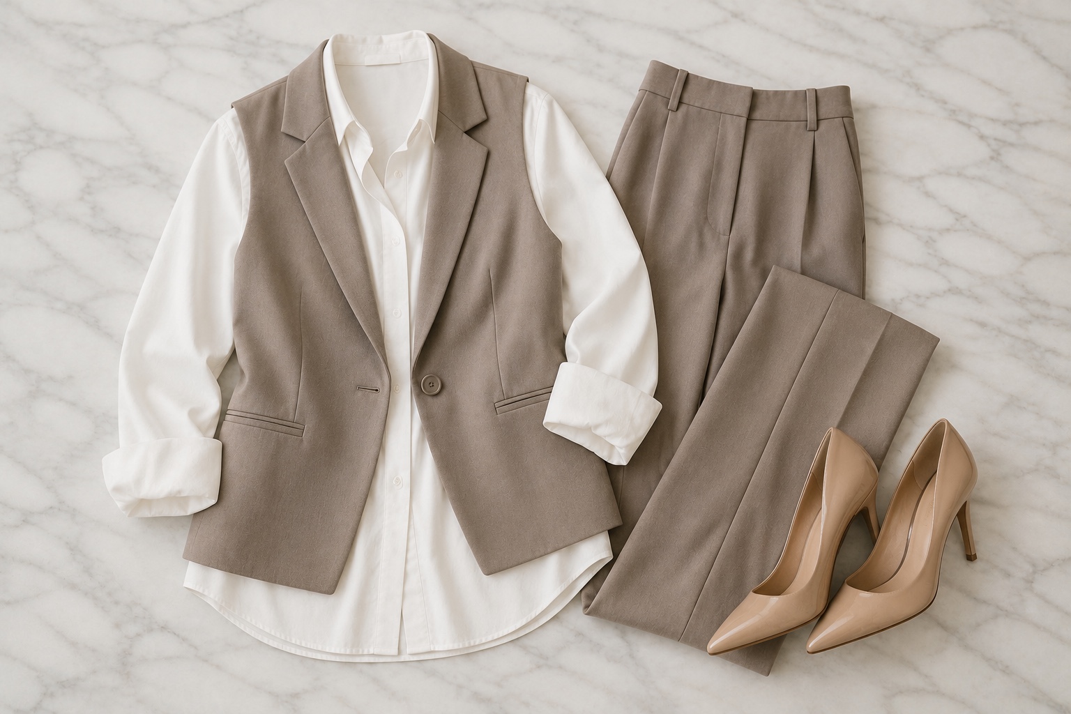 Look completo com colete alfaiatado, camisa e calça