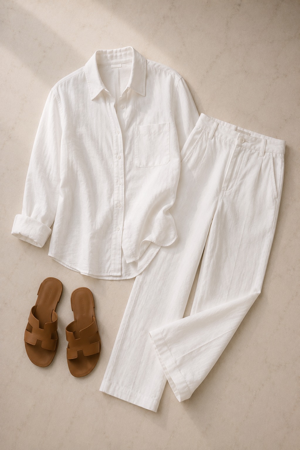 Conjunto de linho feminino em tons neutros para dias quentes