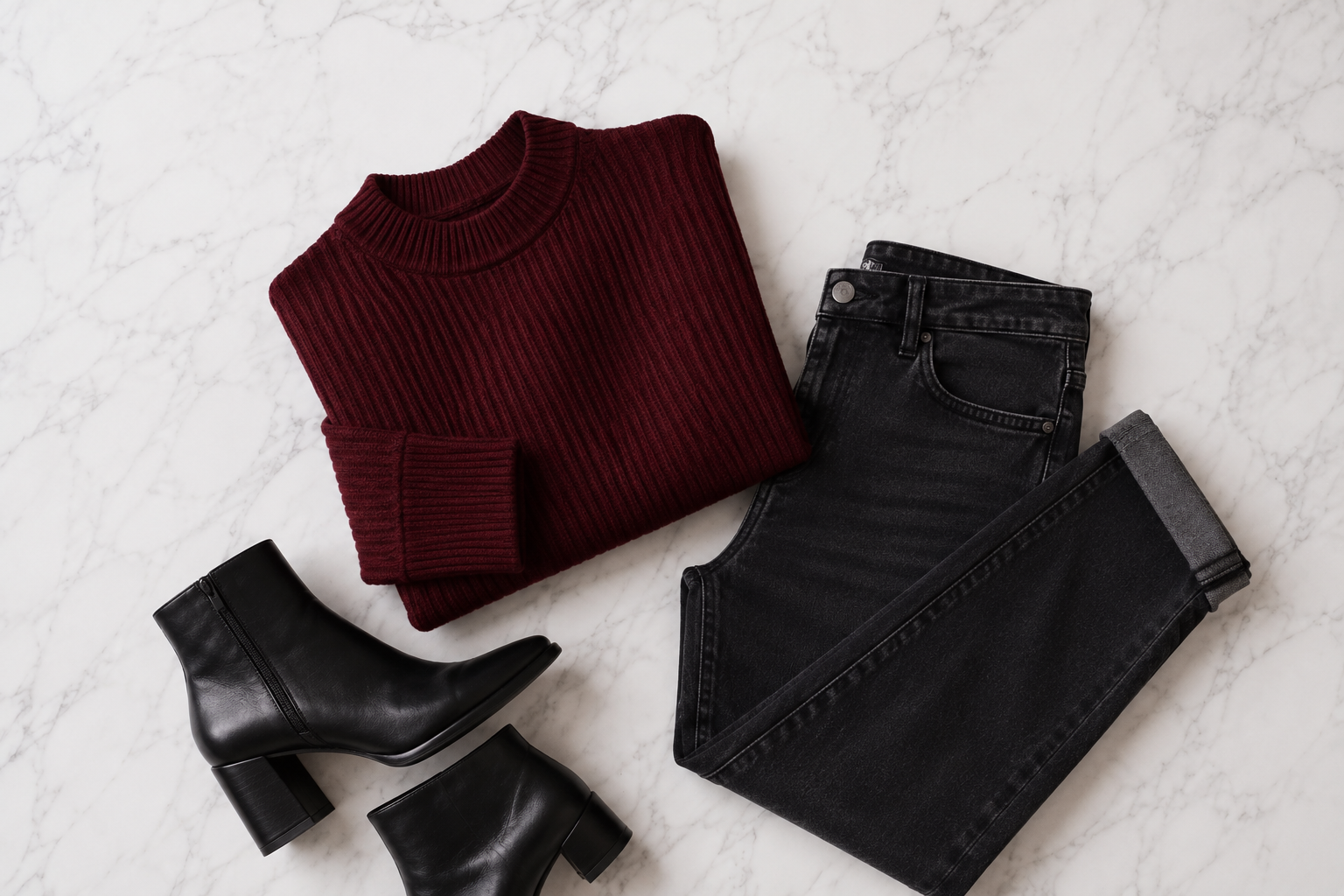 Suéter feminino burgundy de lã com calça jeans escura