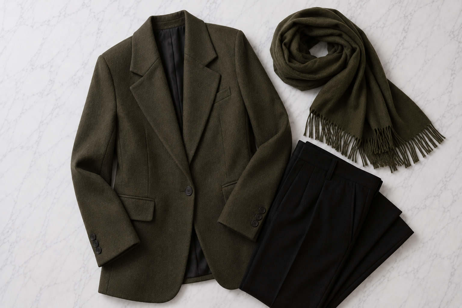 Blazer oversized verde-musgo com cachecol e calça preta