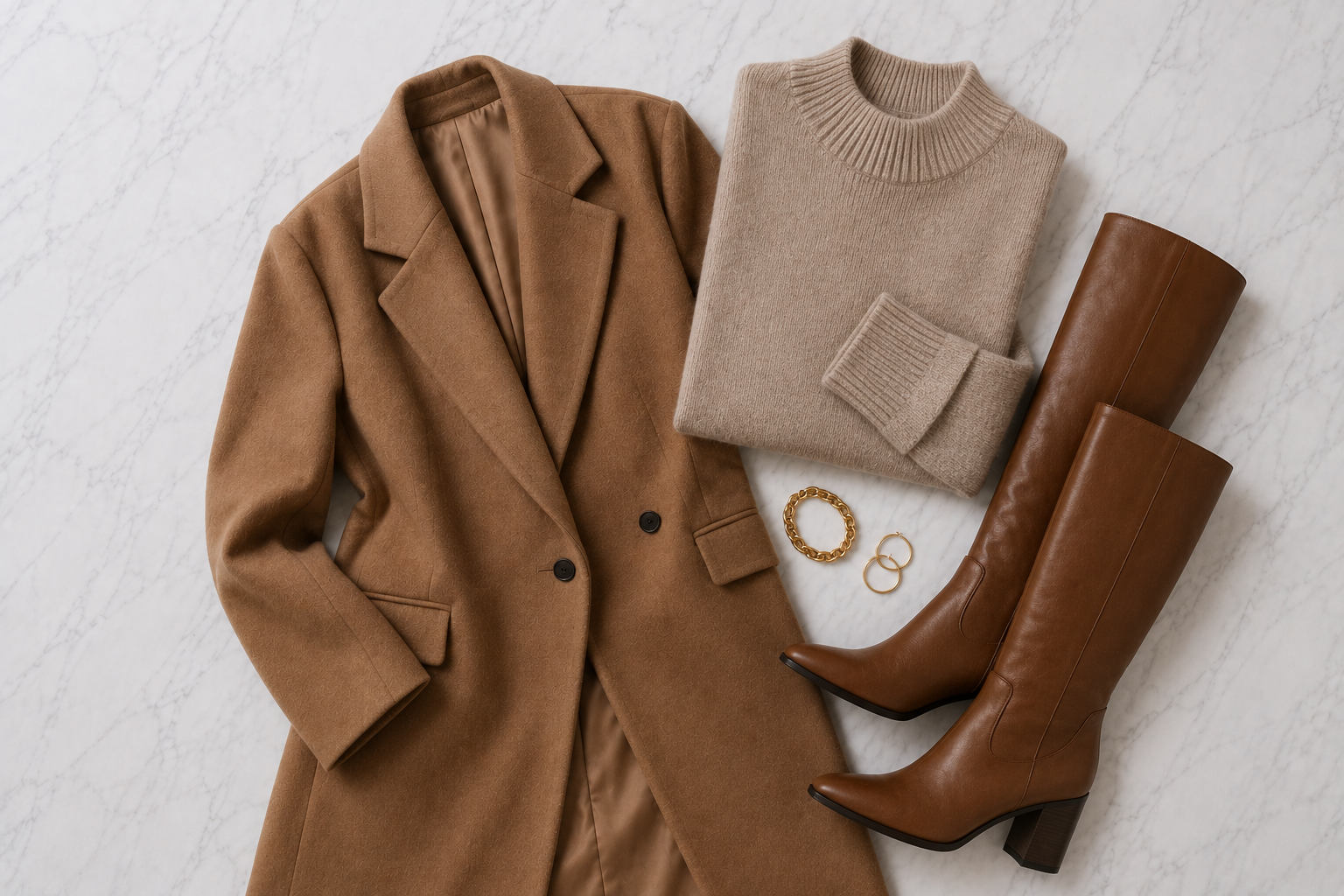Sobretudo camel com suéter bege e bota caramelo cano alto