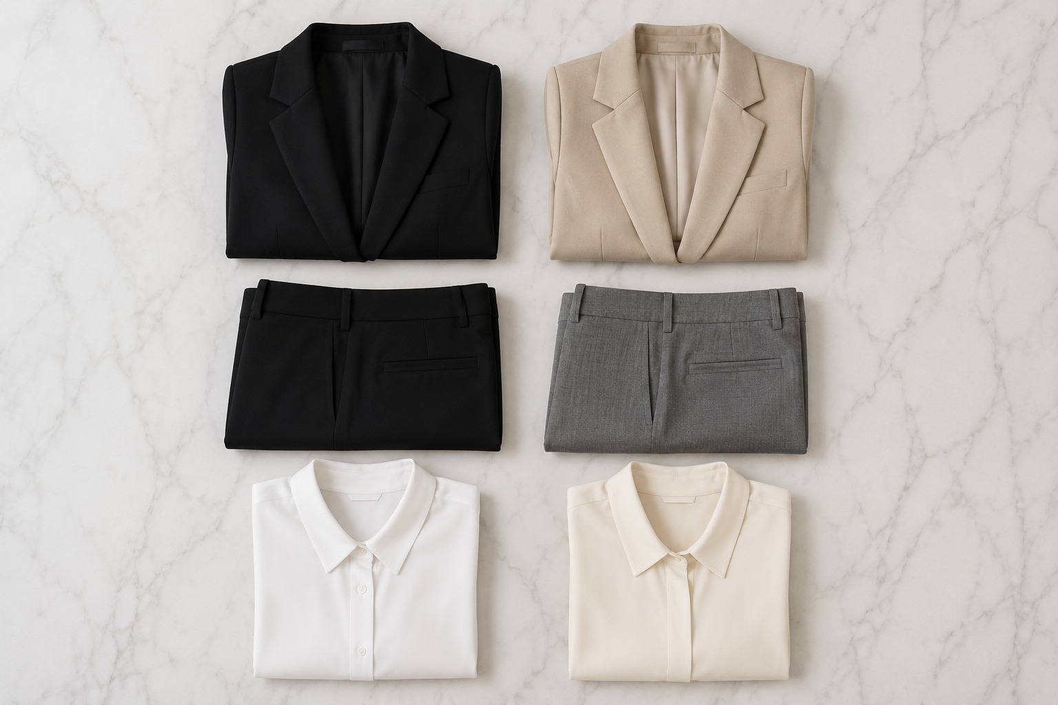 Flat lay das 6 peças da base neutra executiva: 2 blazers (preto e bege), 2 calças de alfaiataria (preta e cinza) e 2 camisas de seda (branca e off-white)