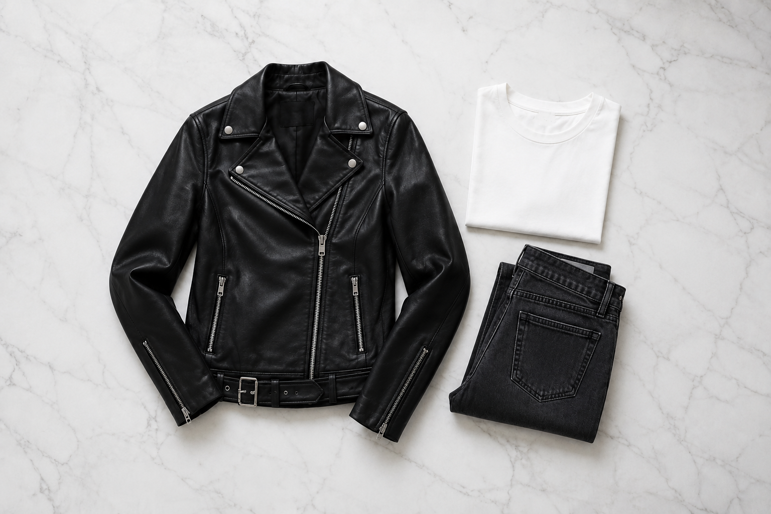 Jaqueta de couro biker preta com camiseta branca e jeans escuro