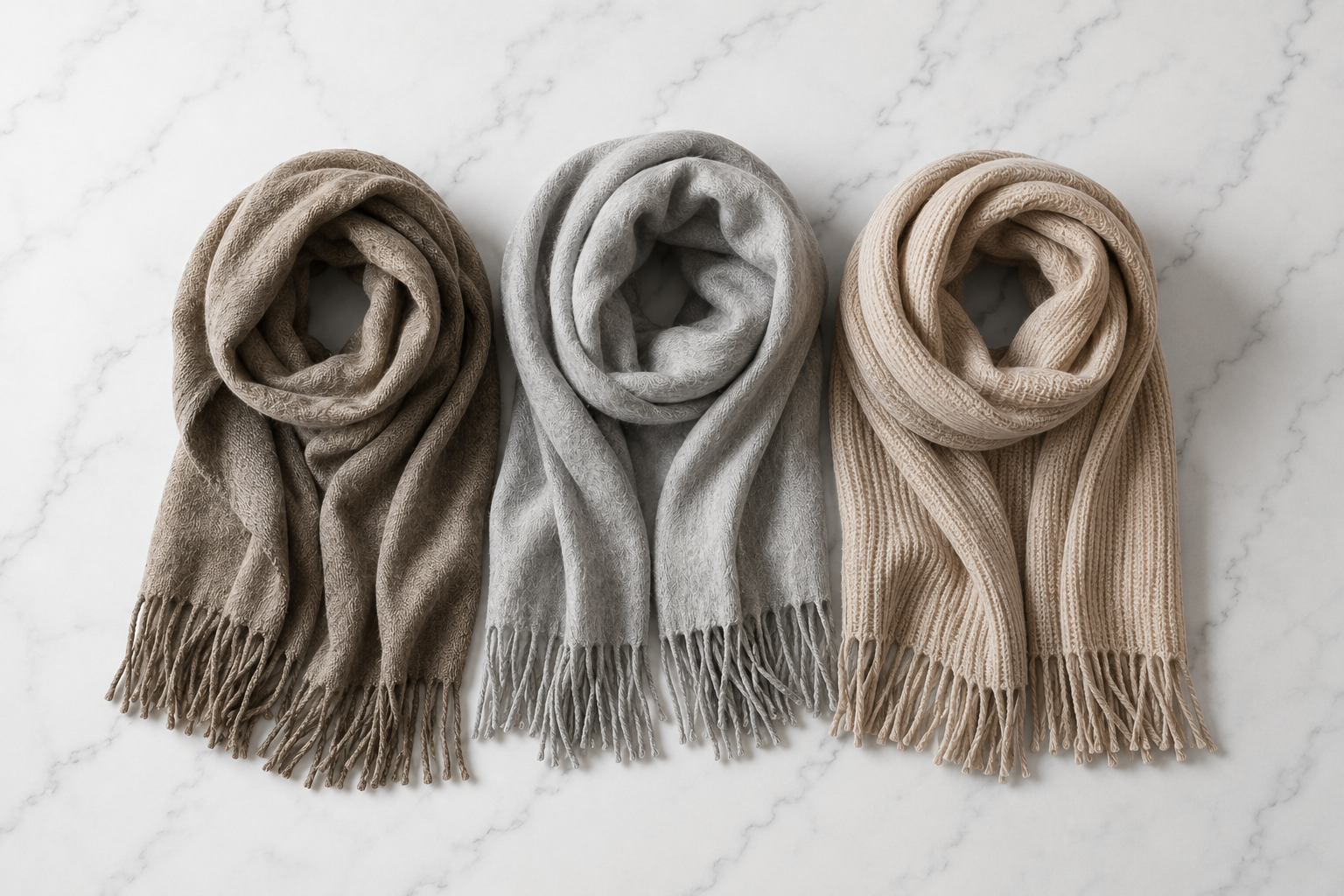 Três cachecóis mostrando texturas diferentes lã merino cashmere e acrílico