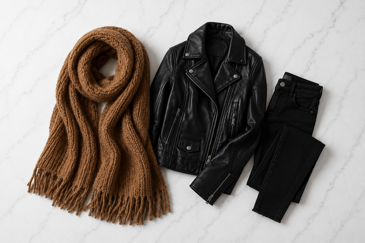 Cachecol oversized caramelo com jaqueta de couro preta