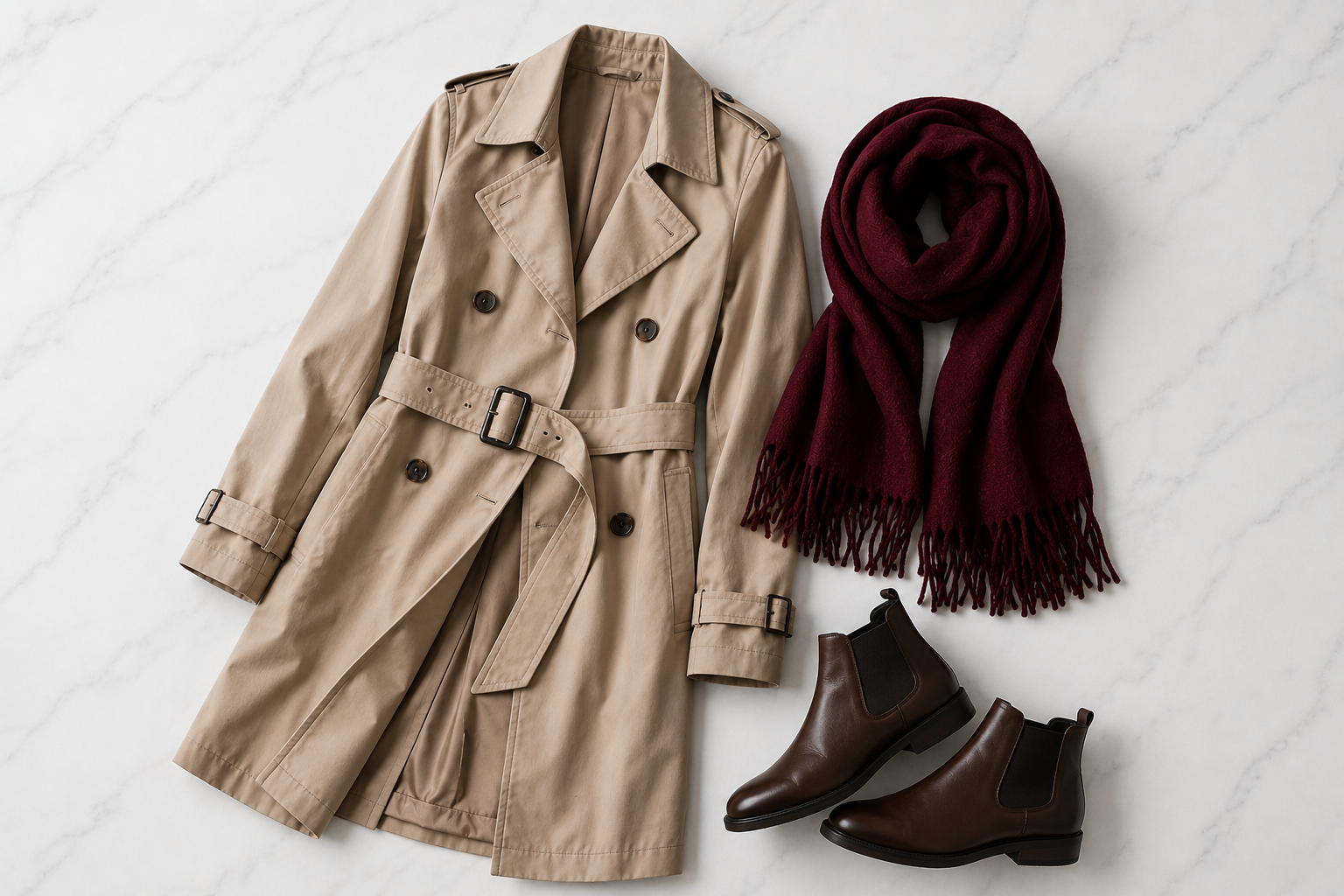 Trench coat bege com cachecol burgundy e bota Chelsea