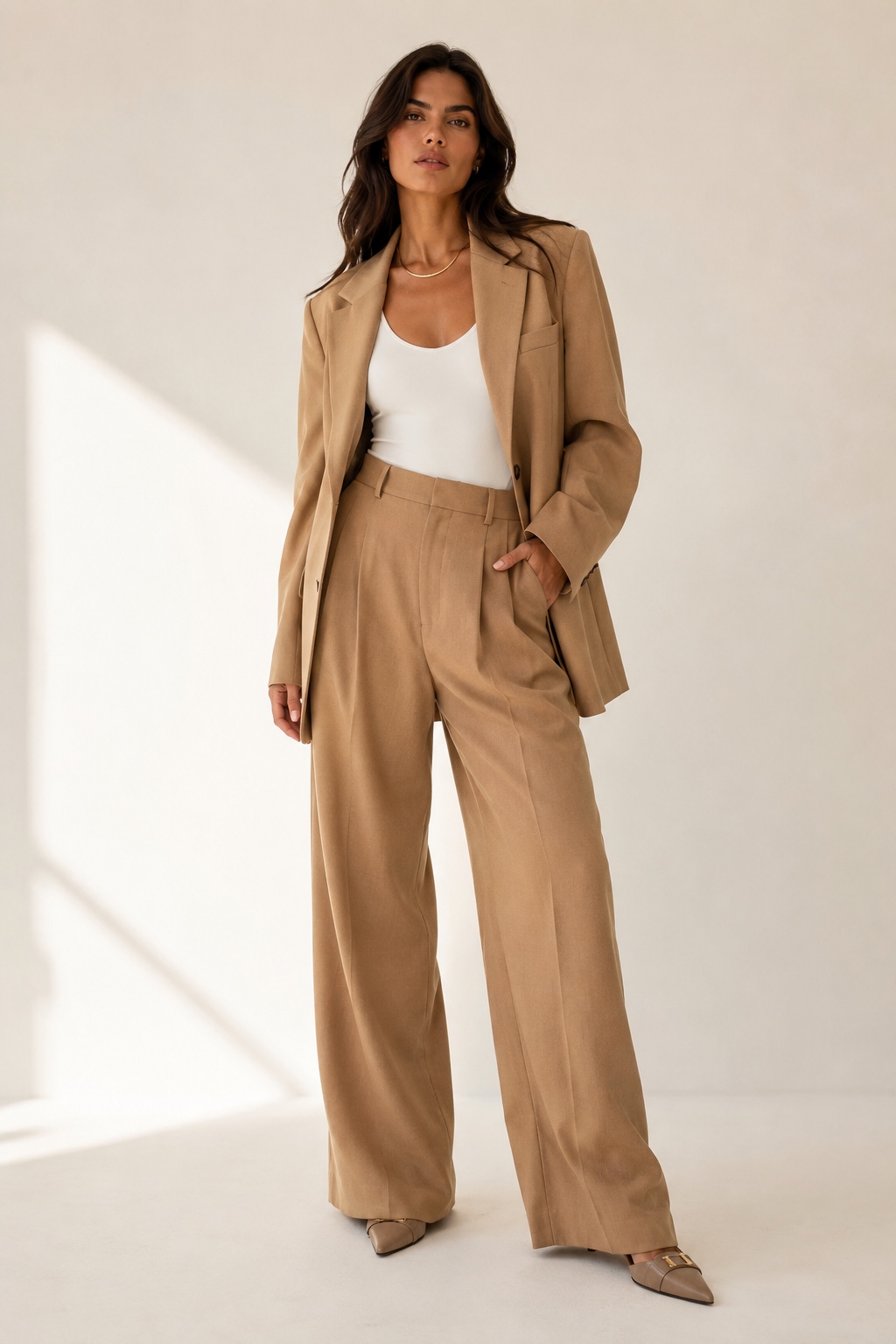 conjunto de alfaiataria feminino oversized camel — look elegante da temporada