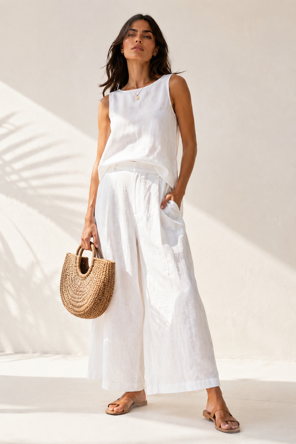 conjunto de linho feminino branco pantacourt com sandália de couro — leveza e sofisticação