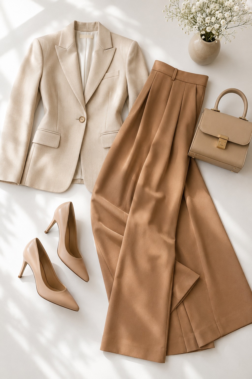 Flat lay de look formal diurno com blazer bege, calça camel, scarpin nude e bolsa estruturada