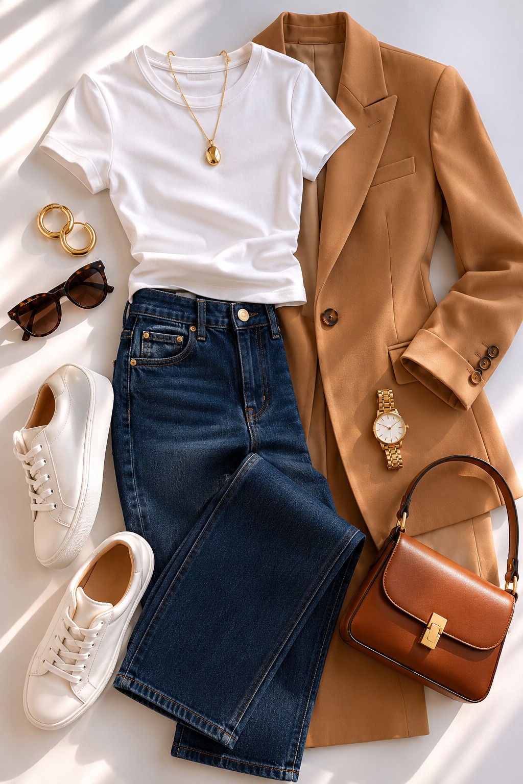 Flat lay de look casual sofisticado com camiseta branca, jeans escuro, blazer camel e tênis branco