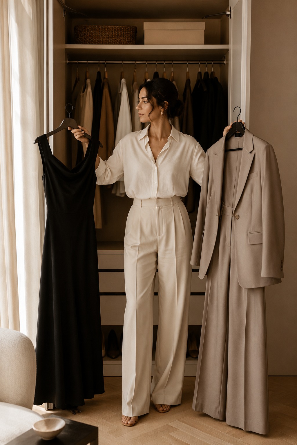 Mulher de calça wide leg bege escolhendo entre vestido preto e blazer em frente ao guarda-roupa