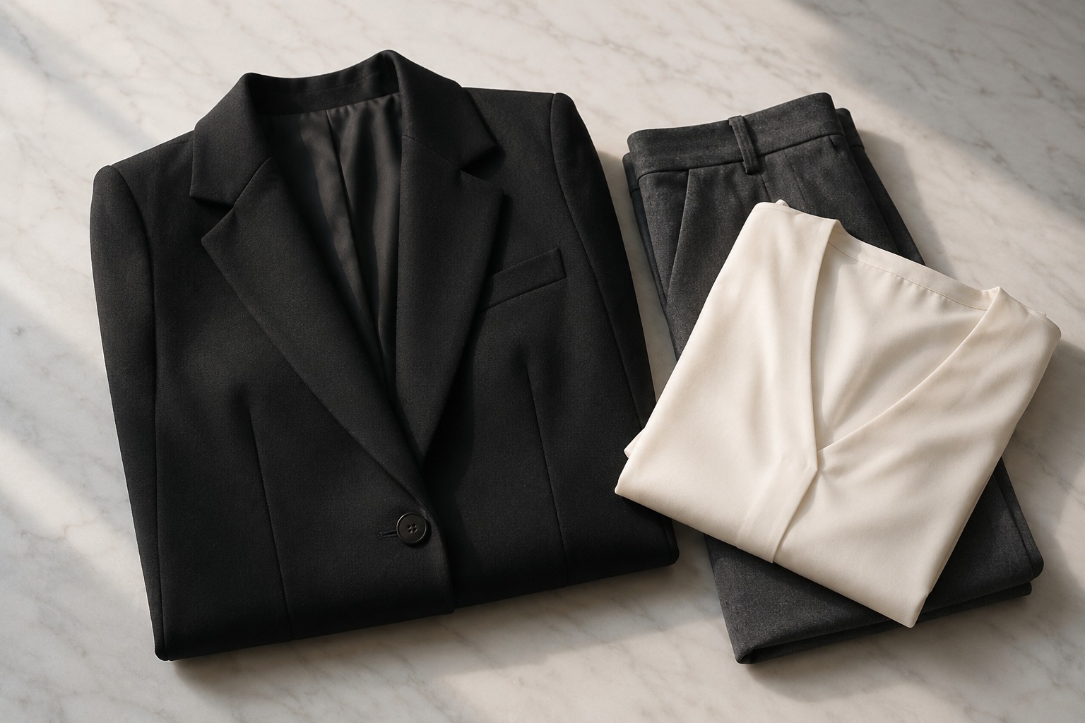 Flat lay das três peças-chave do guarda-roupa executivo feminino: blazer preto, calça cinza grafite e blusa de seda off-white