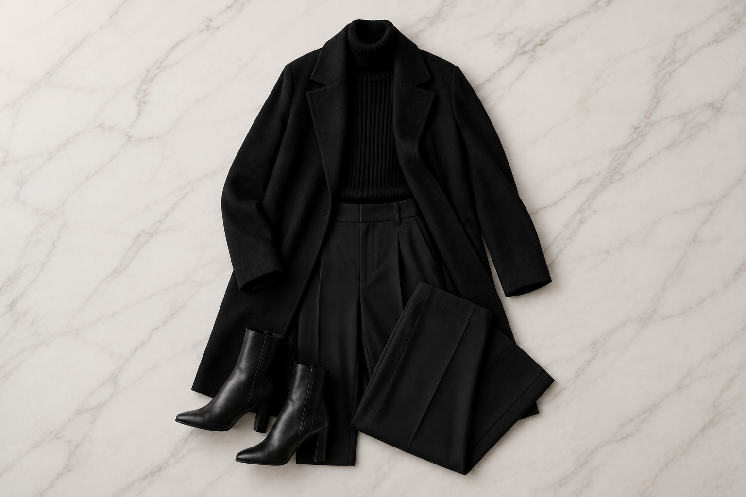 Conjunto all black gola alta tricô calça alfaiataria sobretudo e ankle boot