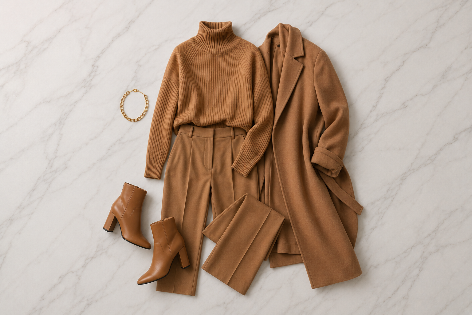 Conjunto total caramelo suéter calça casaco e bota cognac
