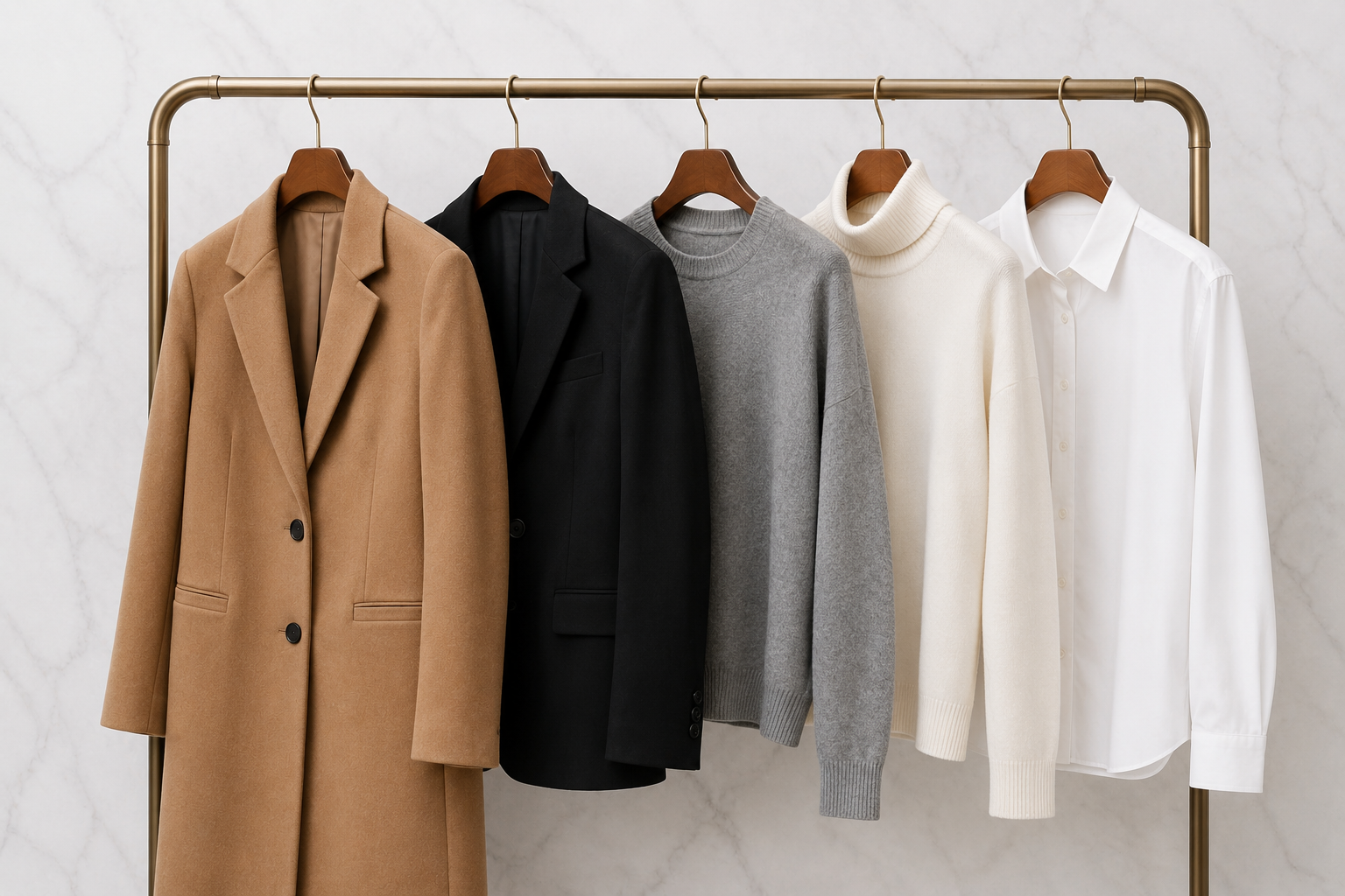 Arara minimalista com peças essenciais de inverno em paleta neutra
