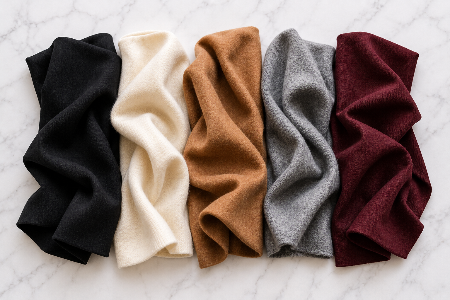 Tecidos em paleta minimalista preto off-white caramelo cinza burgundy