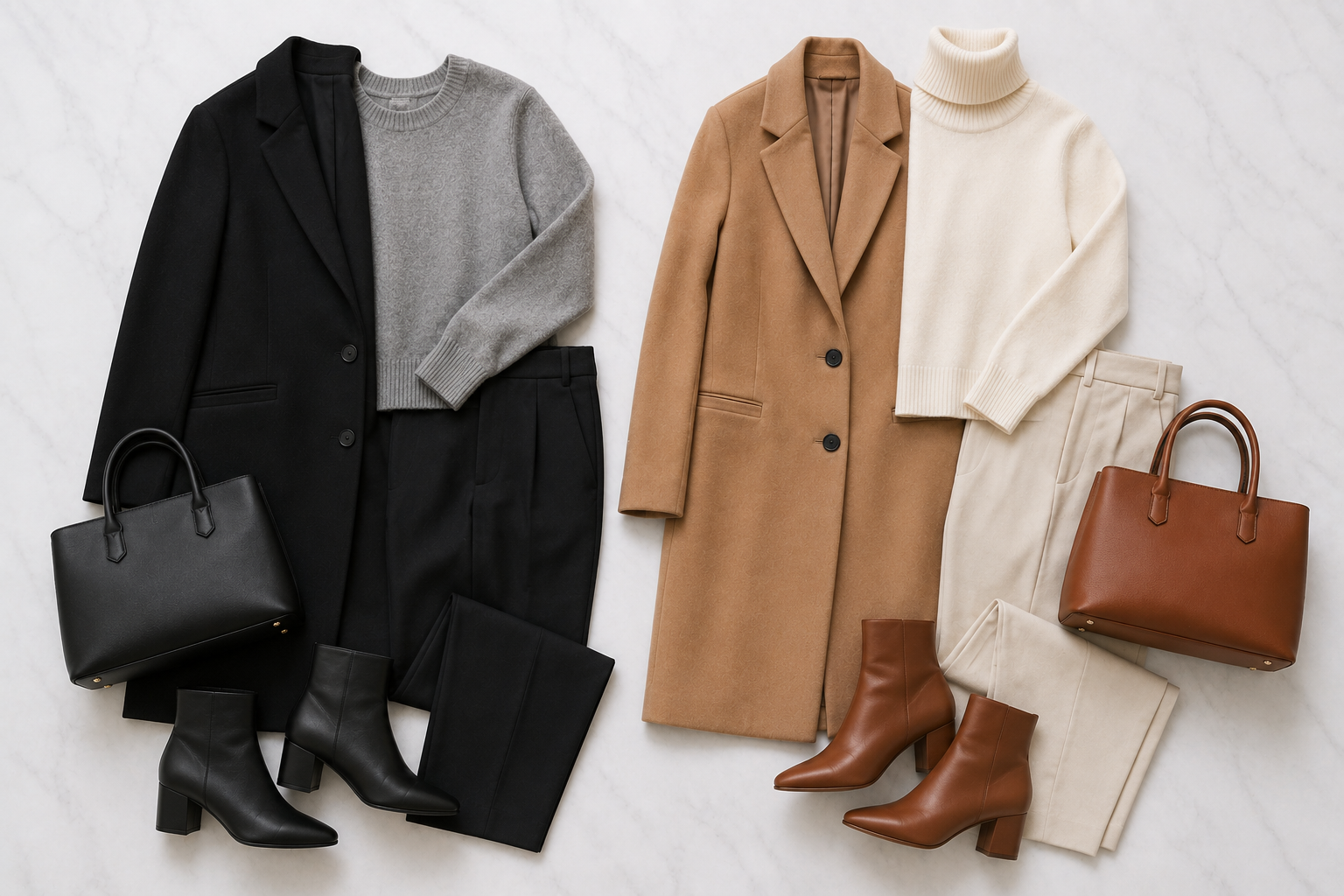 Dois looks minimalistas lado a lado preto-cinza e caramelo-creme