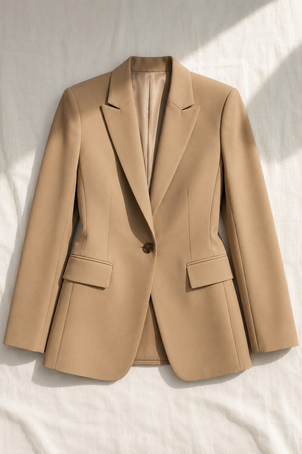 Blazer feminino de alfaiataria camel estruturado sobre fundo off-white