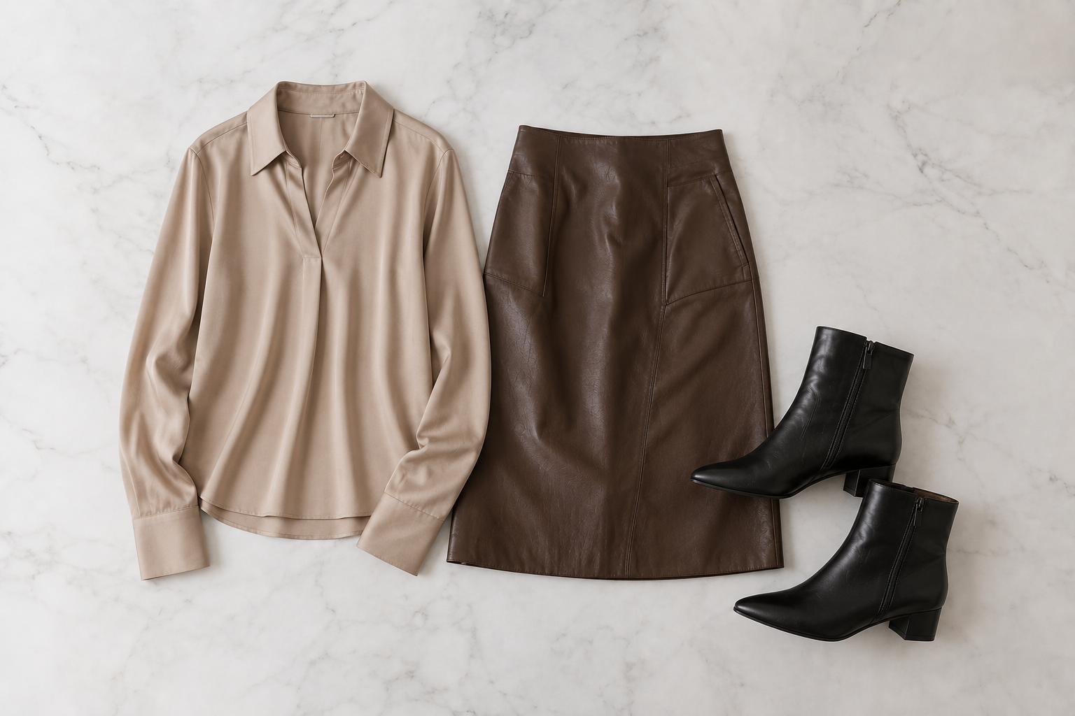Saia midi de couro marrom com blusa de seda bege e ankle boot