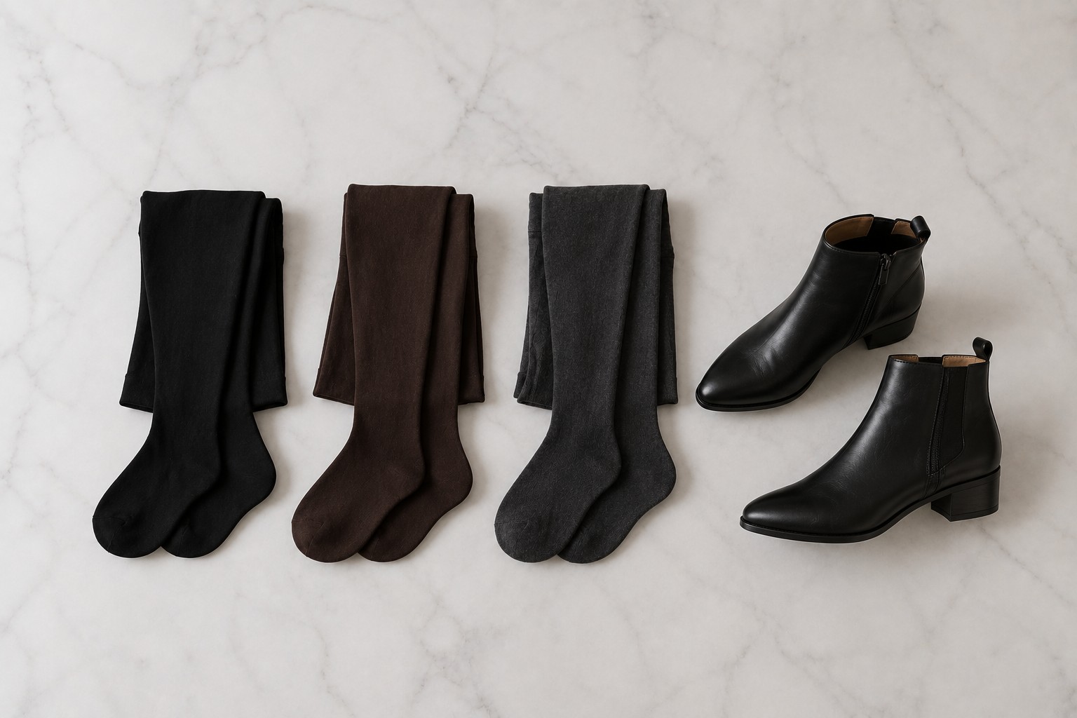 Meias-calça opacas preta marrom e cinza com ankle boot