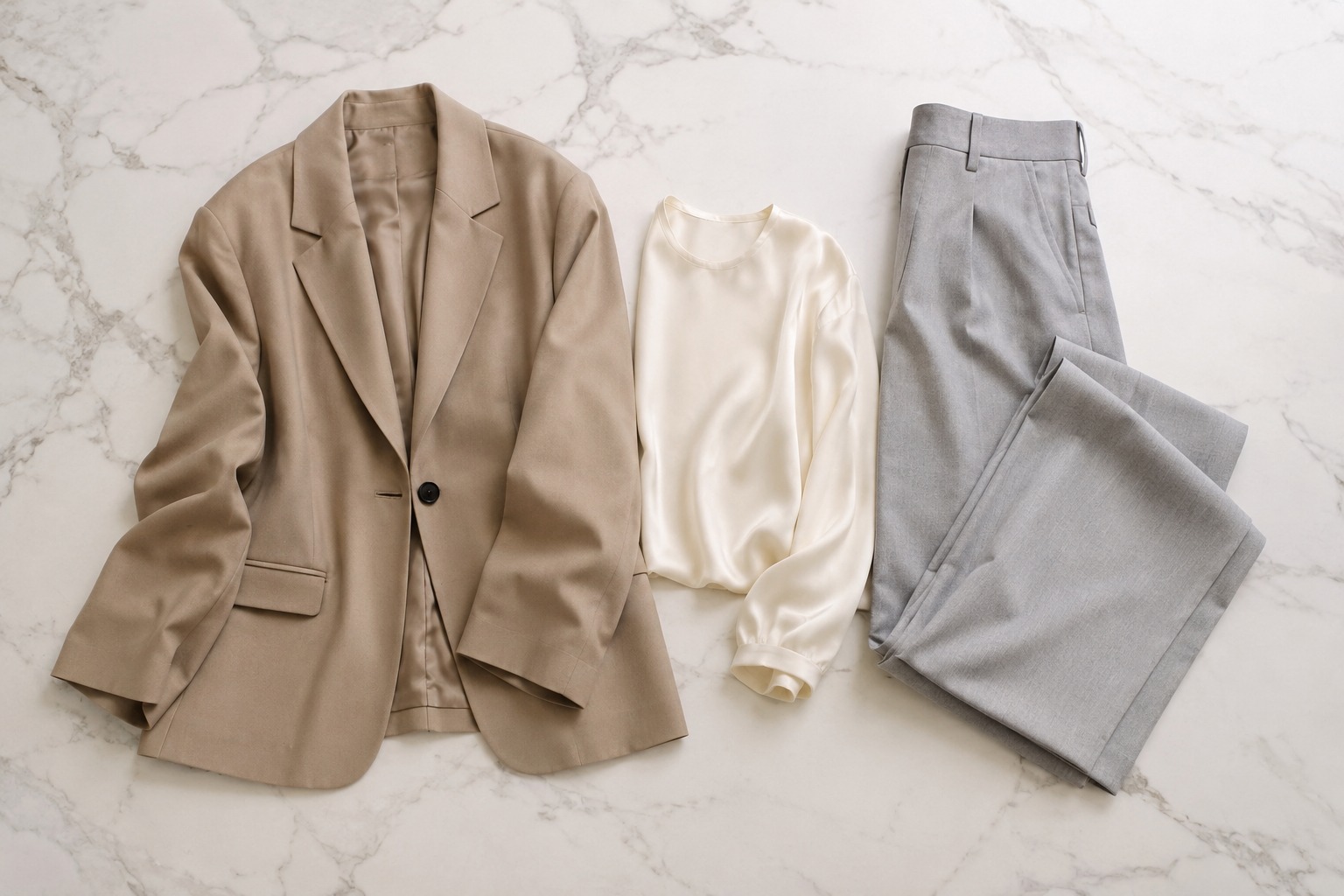 Flat lay de conjunto de alfaiataria relaxada: blazer oversized camel e calça wide-leg cinza — tendência corporativa 2026
